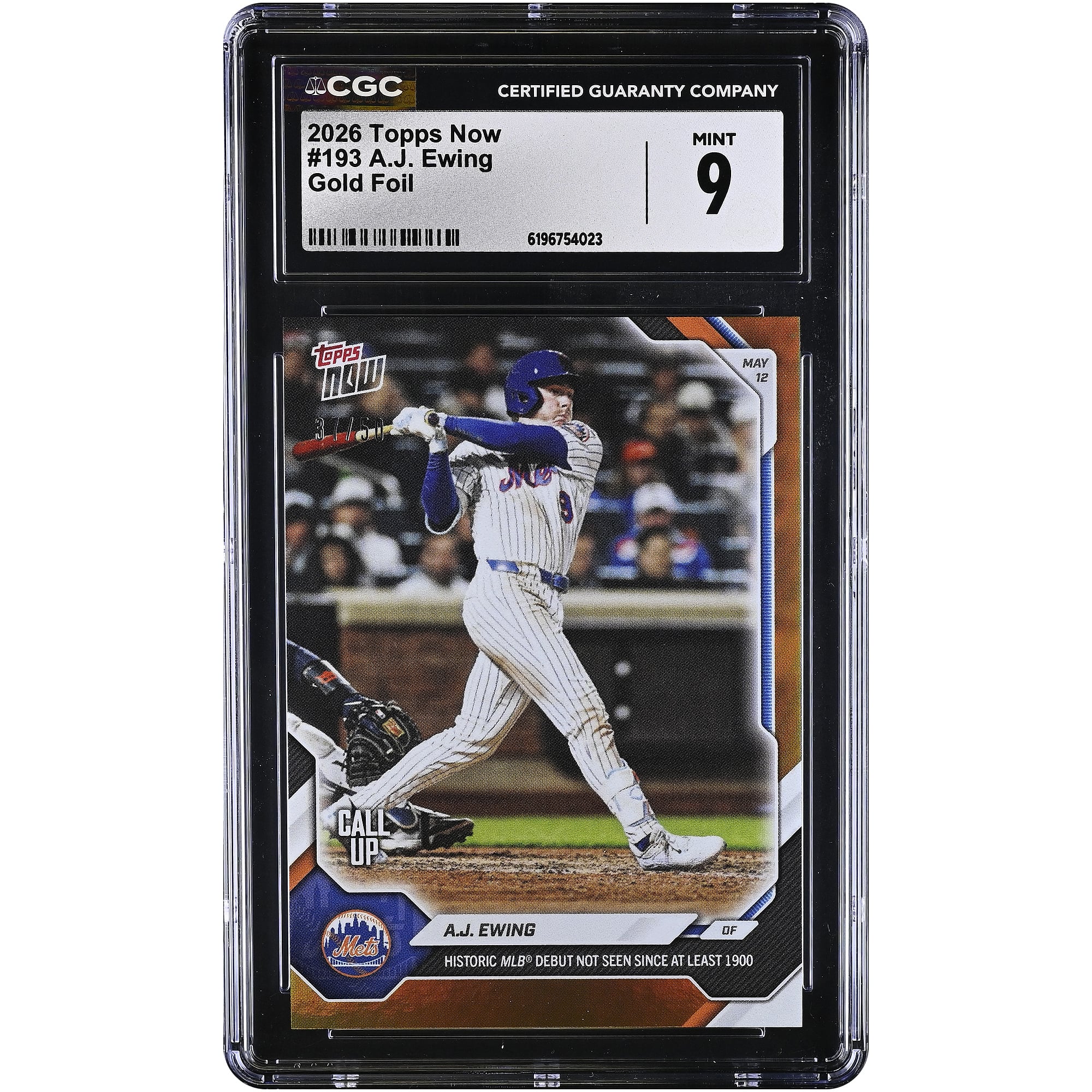 Carte A.J. Ewing des Mets de New York 2026 Topps Now : Début historique en MLB, jamais vu depuis au moins 1900. Feuille d'or n° 193/50, authentifiée par CGC (9 cartes).