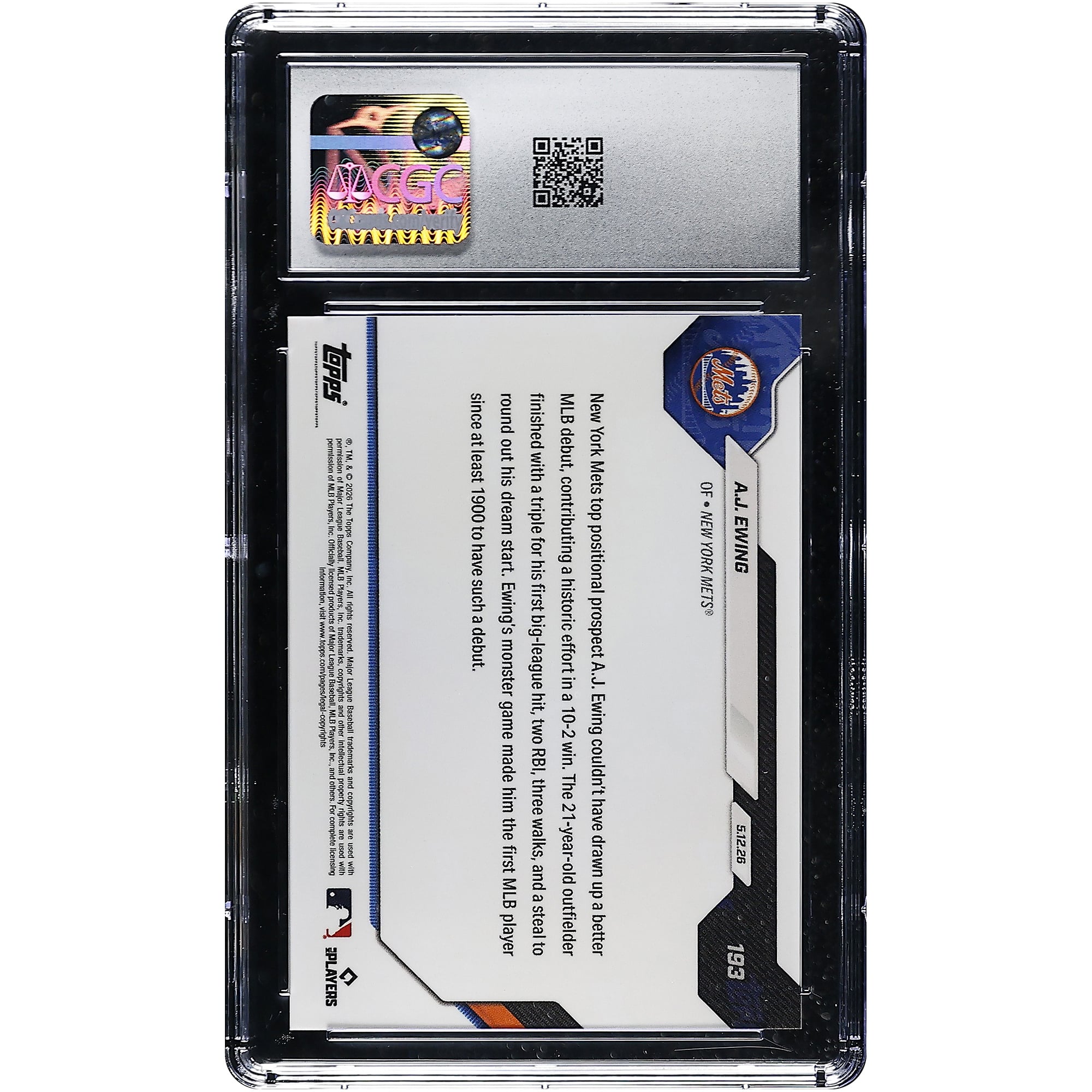Carte A.J. Ewing des Mets de New York 2026 Topps Now : Début historique en MLB, inédit depuis au moins 1900 ! N° 193, authentifiée CGC, état neuf (GEM MINT 10).