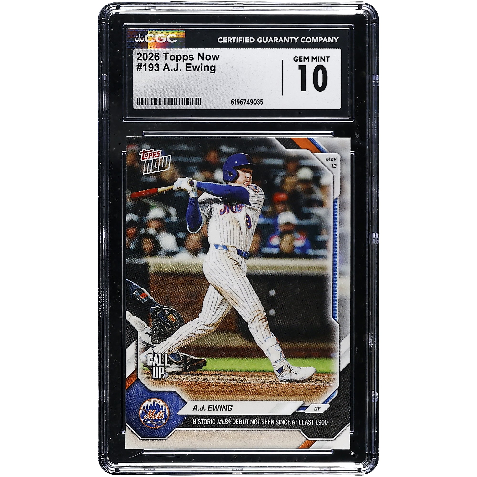 Carte A.J. Ewing des Mets de New York 2026 Topps Now : Début historique en MLB, inédit depuis au moins 1900 ! N° 193, authentifiée CGC, état neuf (GEM MINT 10).
