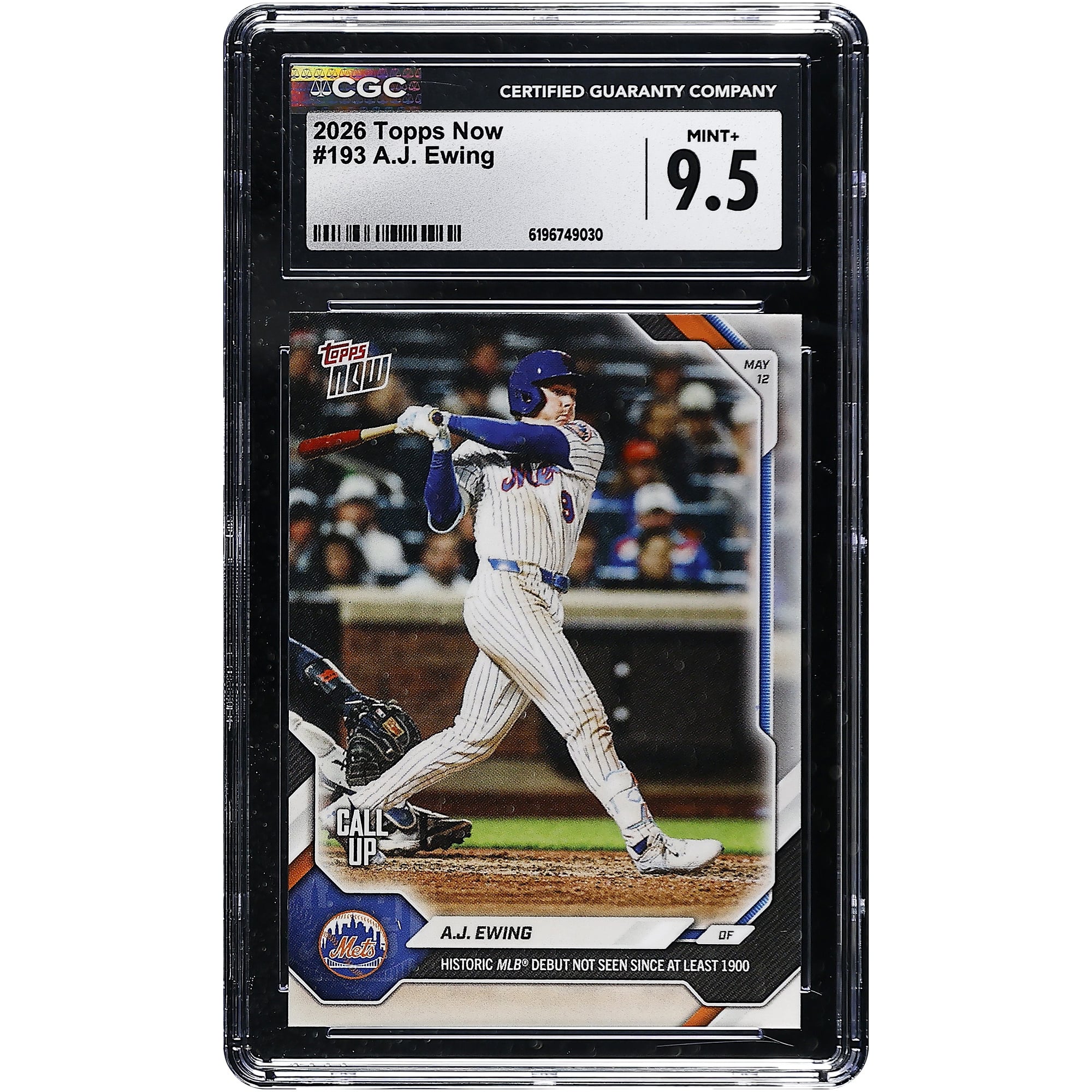 Carte A.J. Ewing des Mets de New York 2026 Topps Now : Début historique en MLB, inédit depuis au moins 1900 ! N° 193, authentifiée CGC MINT+ 9.5