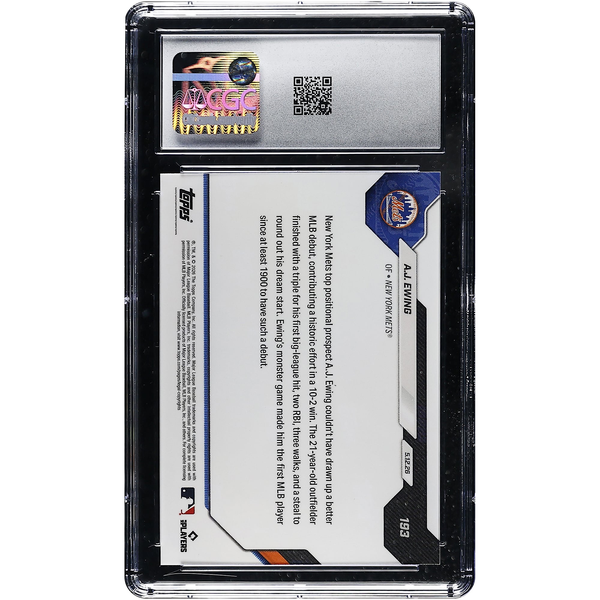 Carte A.J. Ewing des Mets de New York 2026 Topps Now : Début historique en MLB, inédit depuis au moins 1900 ! N° 193, authentifiée CGC MINT+ 9.5