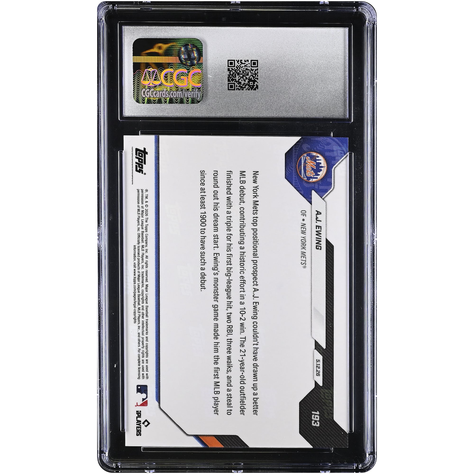 Carte A.J. Ewing, New York Mets, édition 2026 Topps Now : Début historique en MLB, jamais vu depuis au moins 1900. Feuille orange, n° 193/25, authentifiée par CGC (9 cartes).