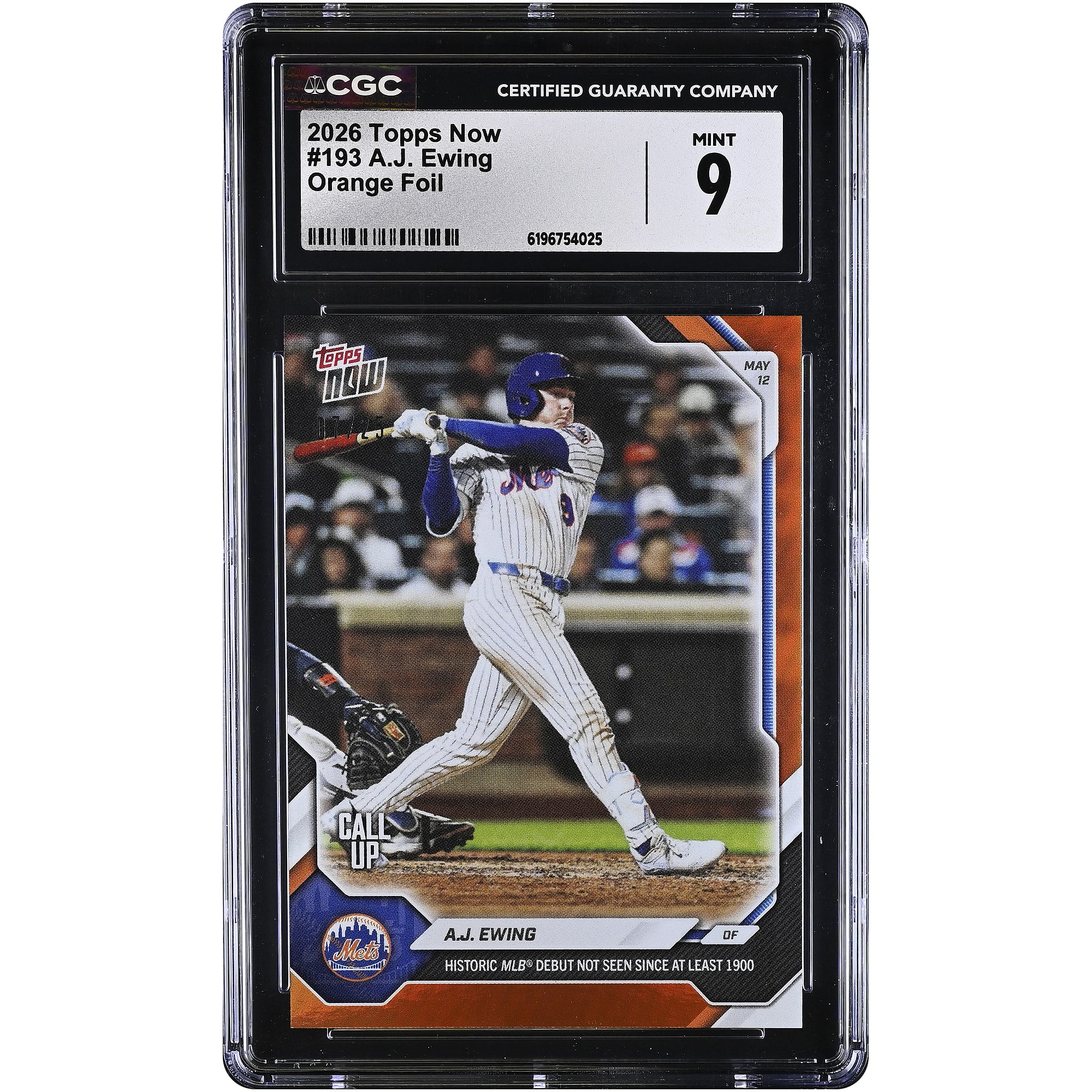 Carte A.J. Ewing, New York Mets, édition 2026 Topps Now : Début historique en MLB, jamais vu depuis au moins 1900. Feuille orange, n° 193/25, authentifiée par CGC (9 cartes).