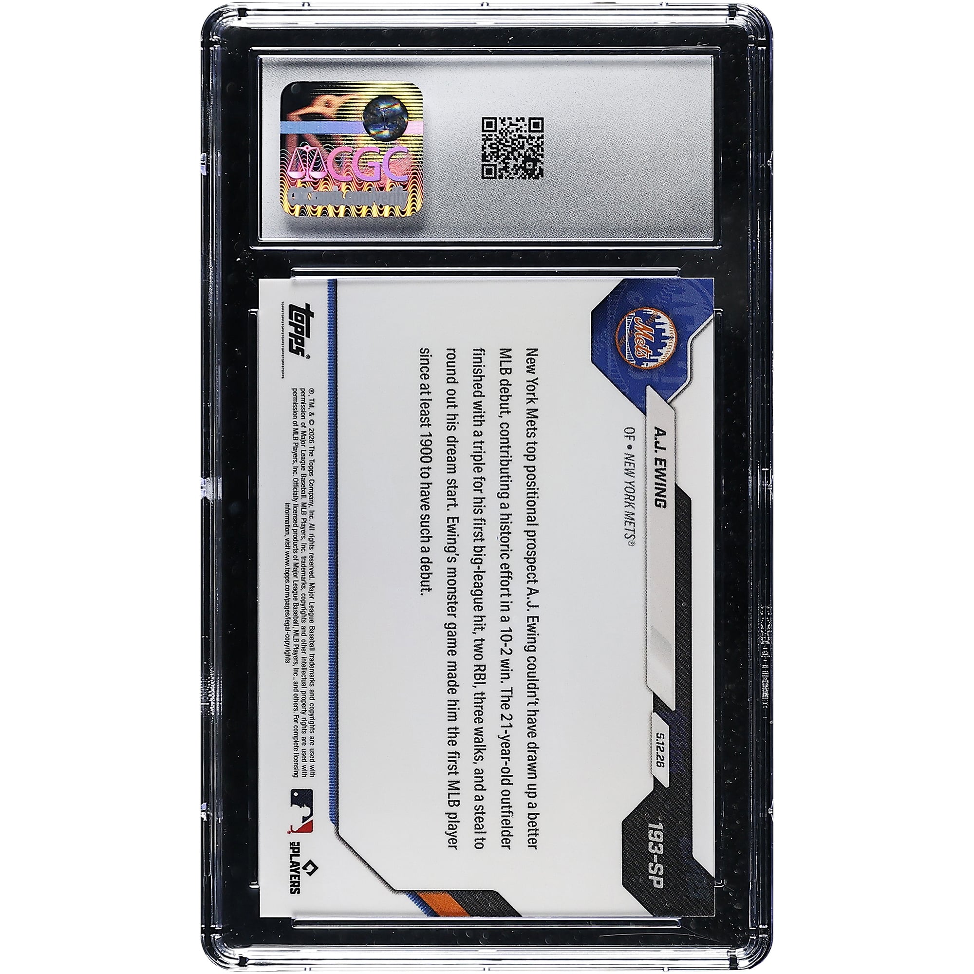 Carte A.J. Ewing des Mets de New York 2026 Topps Now : Début historique en MLB, inédit depuis au moins 1900. Tirage limité n° 193-SP. Authentifiée CGC MINT+ 9.5.