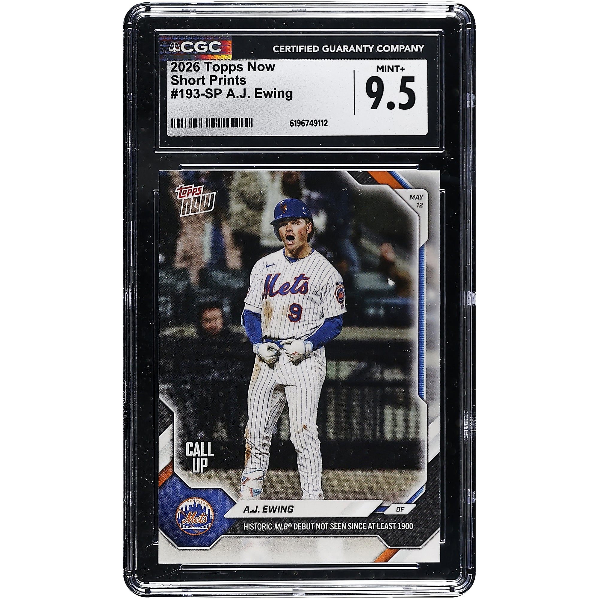Carte A.J. Ewing des Mets de New York 2026 Topps Now : Début historique en MLB, inédit depuis au moins 1900. Tirage limité n° 193-SP. Authentifiée CGC MINT+ 9.5.