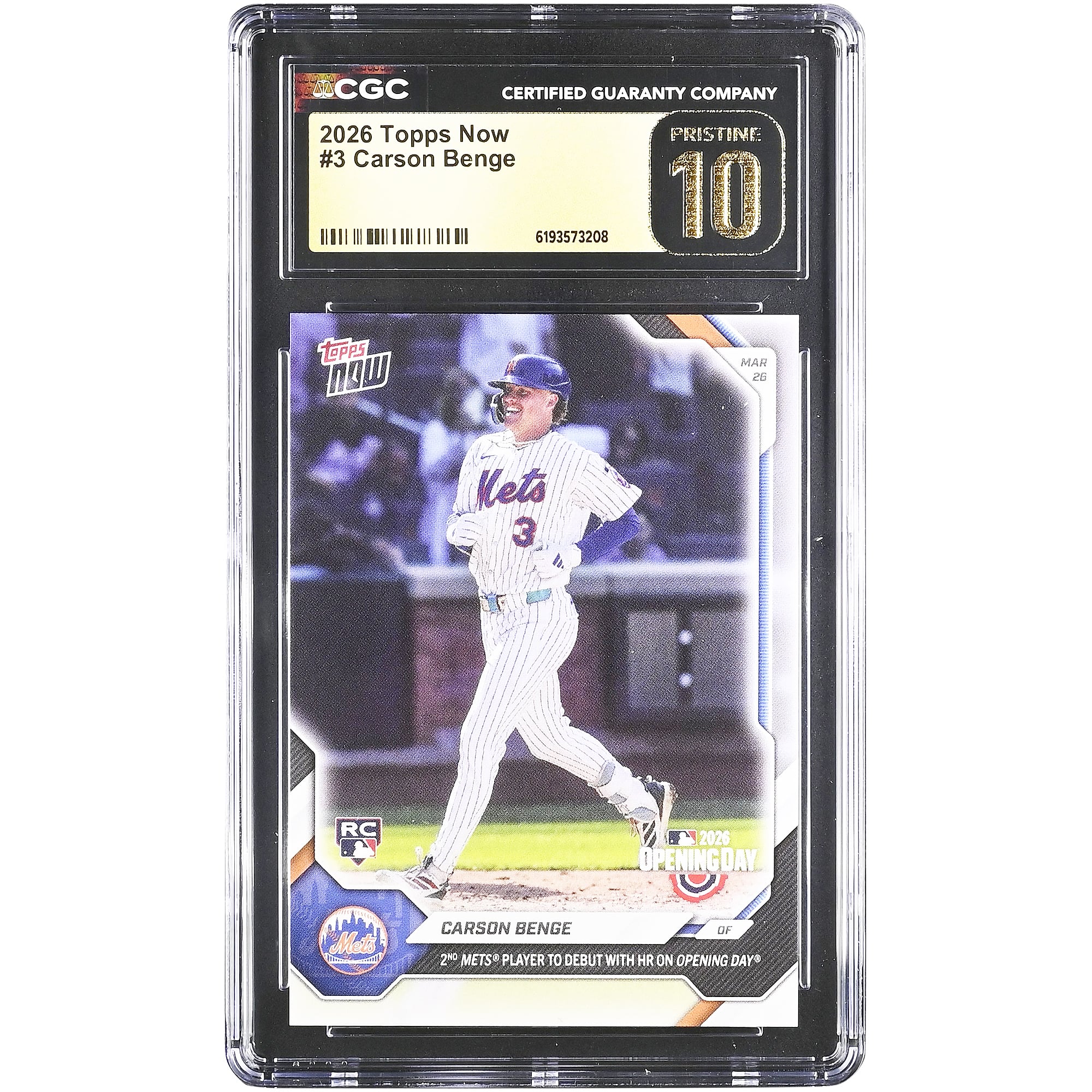 Carson Benge, New York Mets, carte Topps Now 2026, deuxième joueur des Mets à frapper un circuit lors du match d'ouverture, n° 3, authentifiée CGC Pristine 10, carte recrue