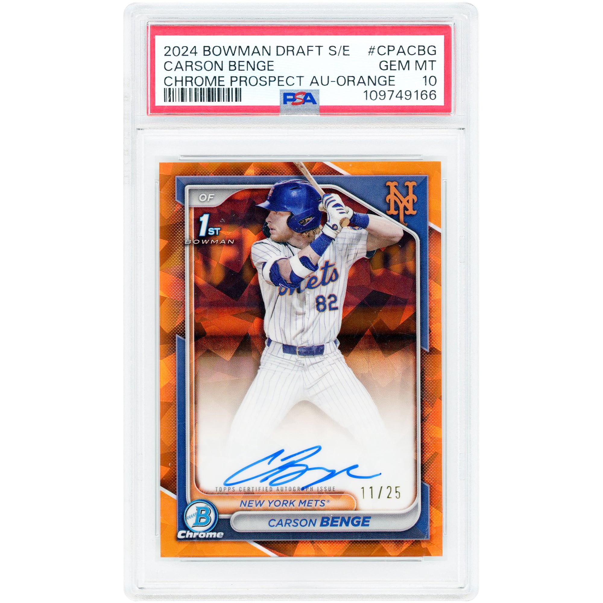 Carte autographiée de Carson Benge (New York Mets) 2024 Bowman Chrome Sapphire Orange Refractor #CPA-CBG # 11 authentifiée par PSA (niveau 10).