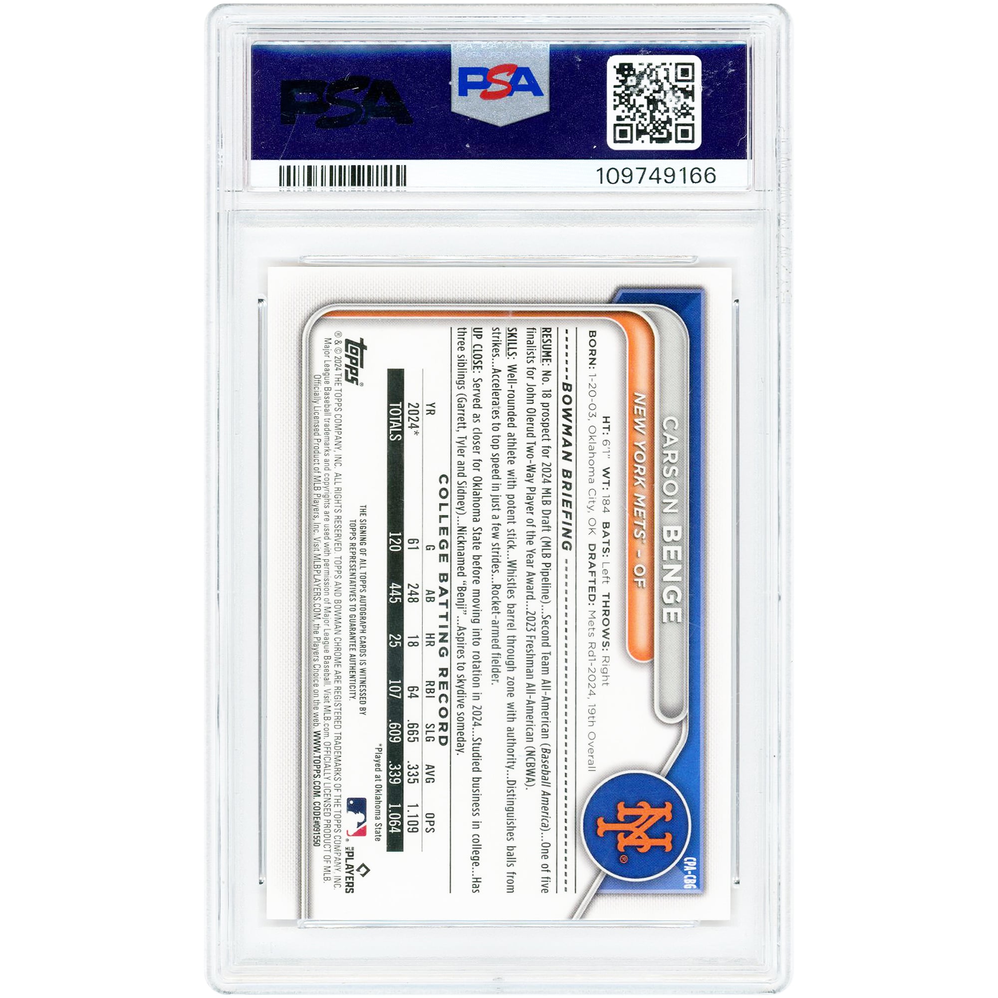 Carte autographiée de Carson Benge (New York Mets) 2024 Bowman Chrome Sapphire Orange Refractor #CPA-CBG # 11 authentifiée par PSA (niveau 10).