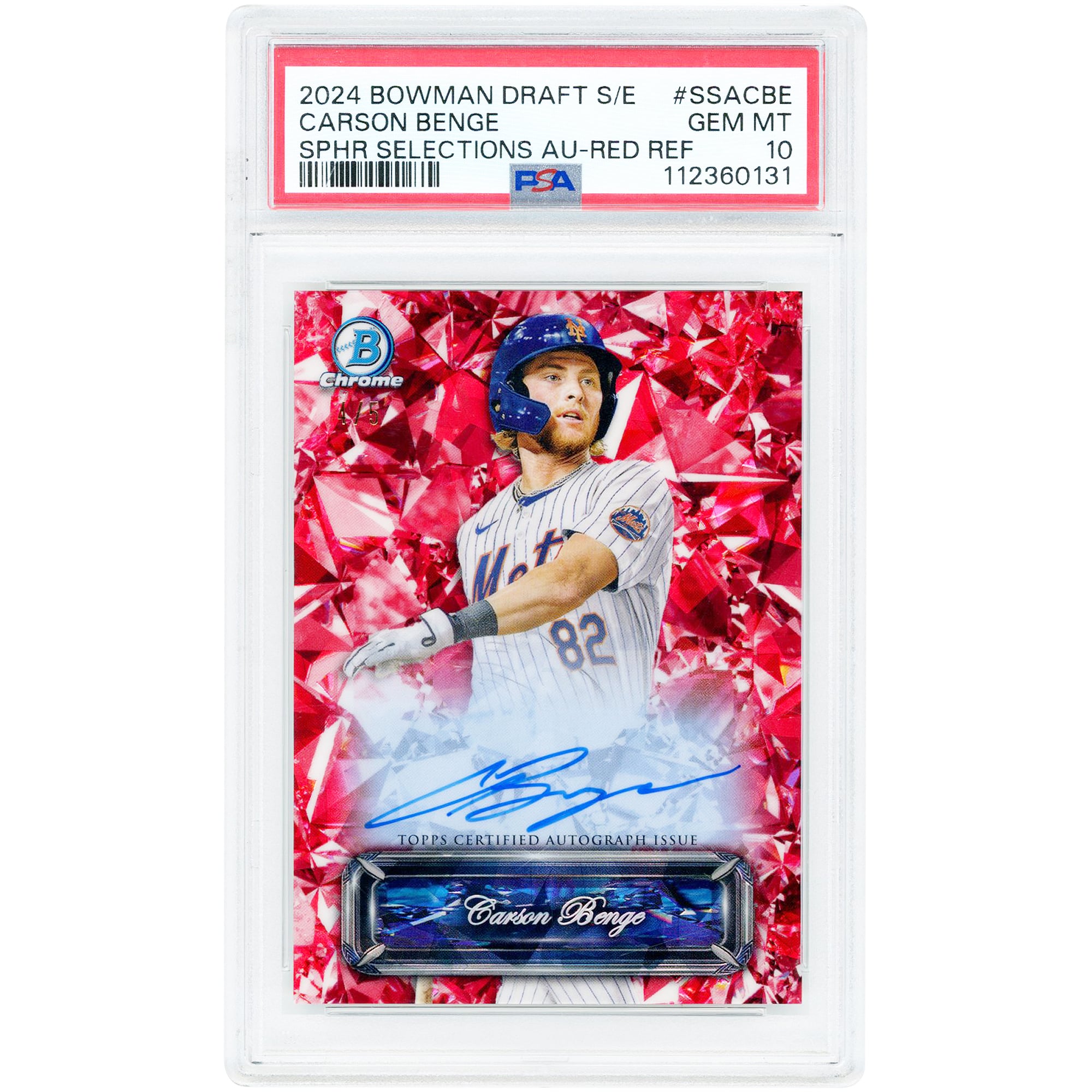 Carte autographiée de Carson Benge (New York Mets) 2024 Bowman Chrome Sapphire Sapphire Selections Red Refractor #SSA-CBE #4/5 authentifiée par PSA (n° 10)