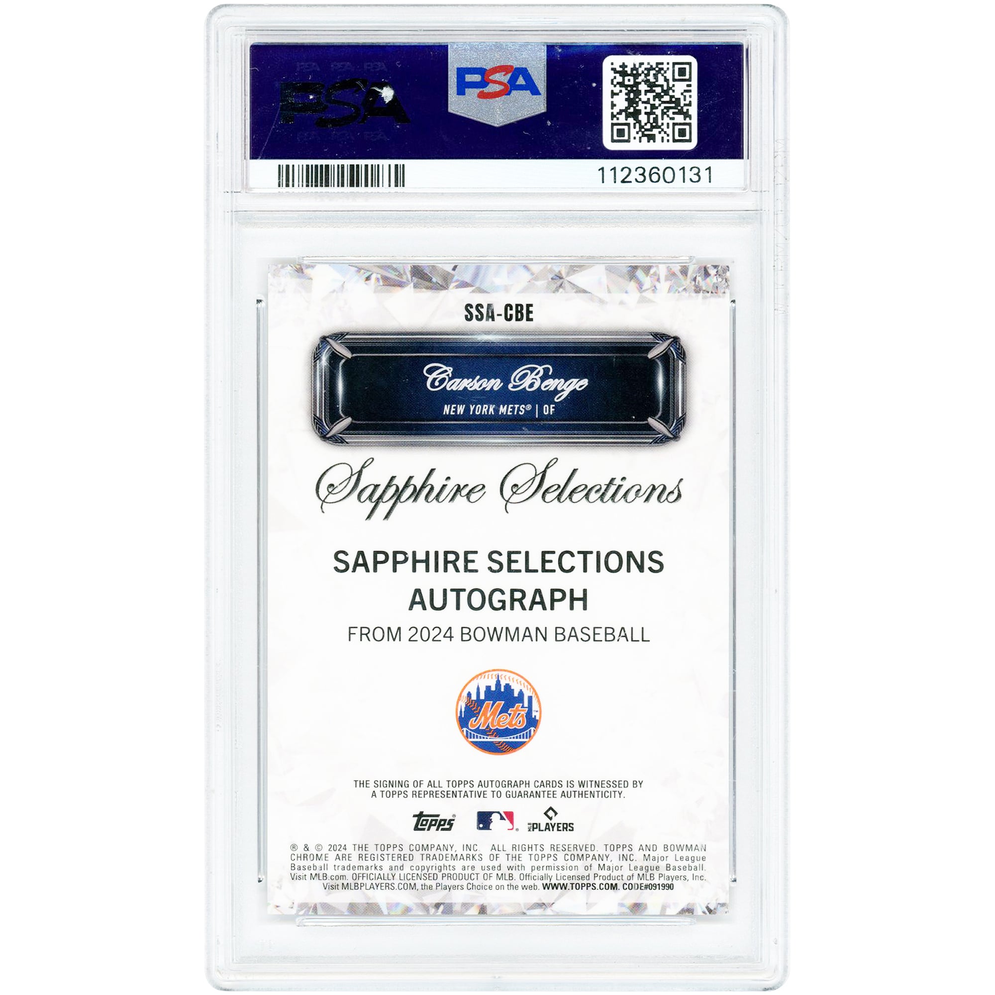 Carte autographiée de Carson Benge (New York Mets) 2024 Bowman Chrome Sapphire Sapphire Selections Red Refractor #SSA-CBE #4/5 authentifiée par PSA (n° 10)