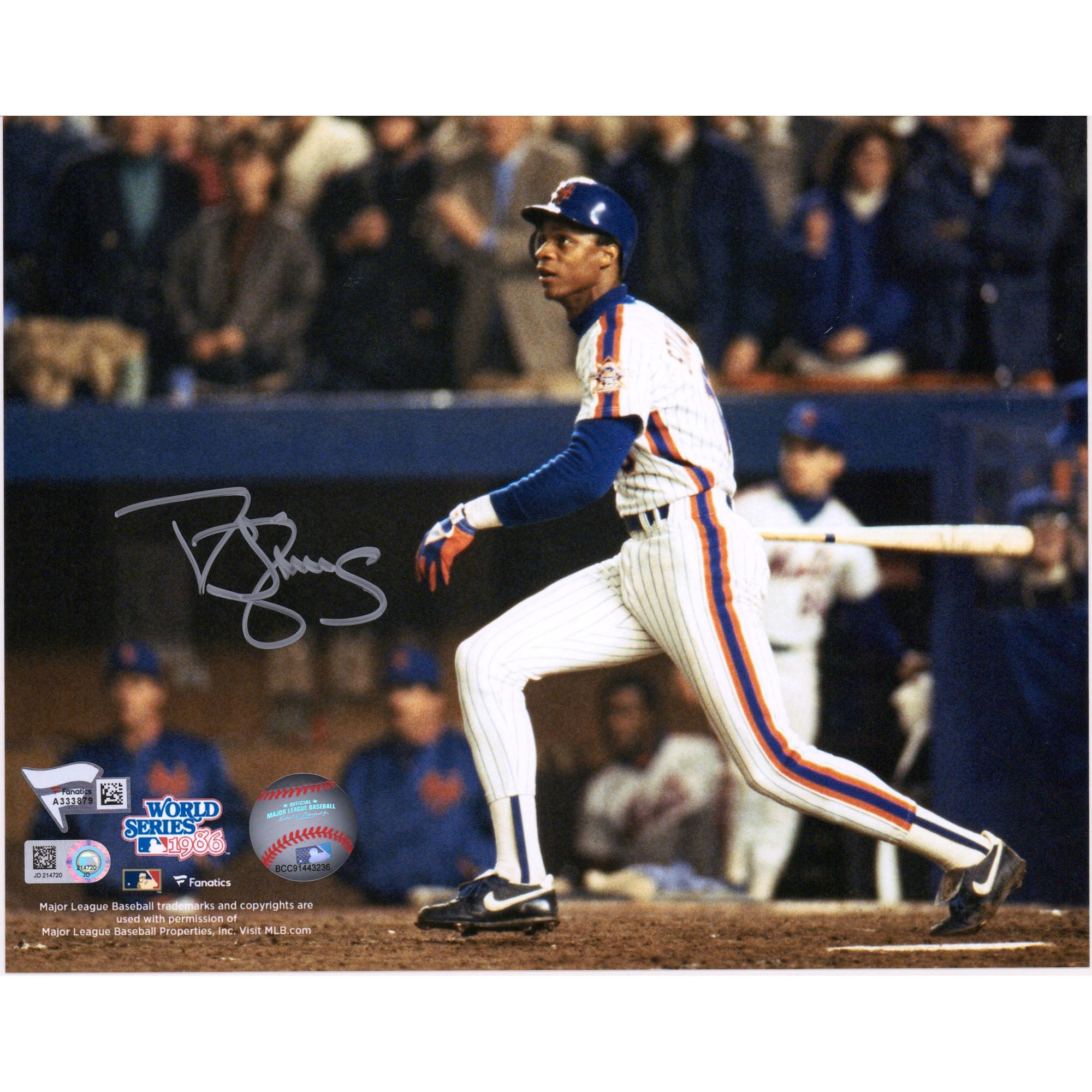 Photo dédicacée de Darryl Strawberry, joueur des Mets de New York, format 8 x 10 pouces, prise lors des Séries mondiales de 1986.