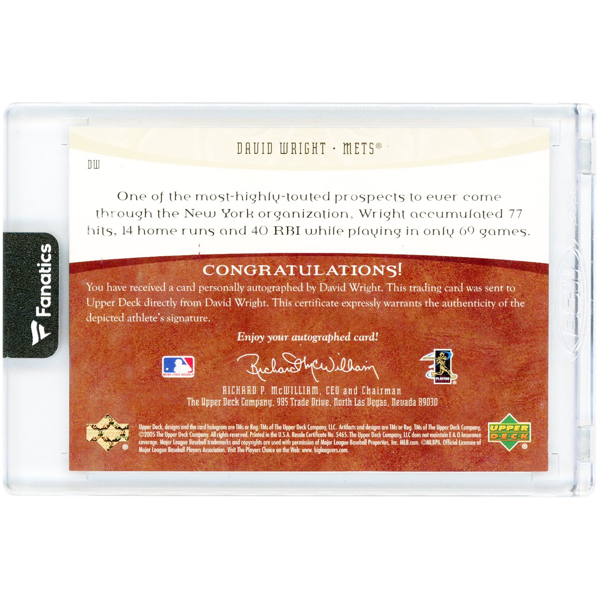 Carte autographiée de David Wright (New York Mets) 2005 Upper Deck Artifacts Auto Facts #DW #391/599