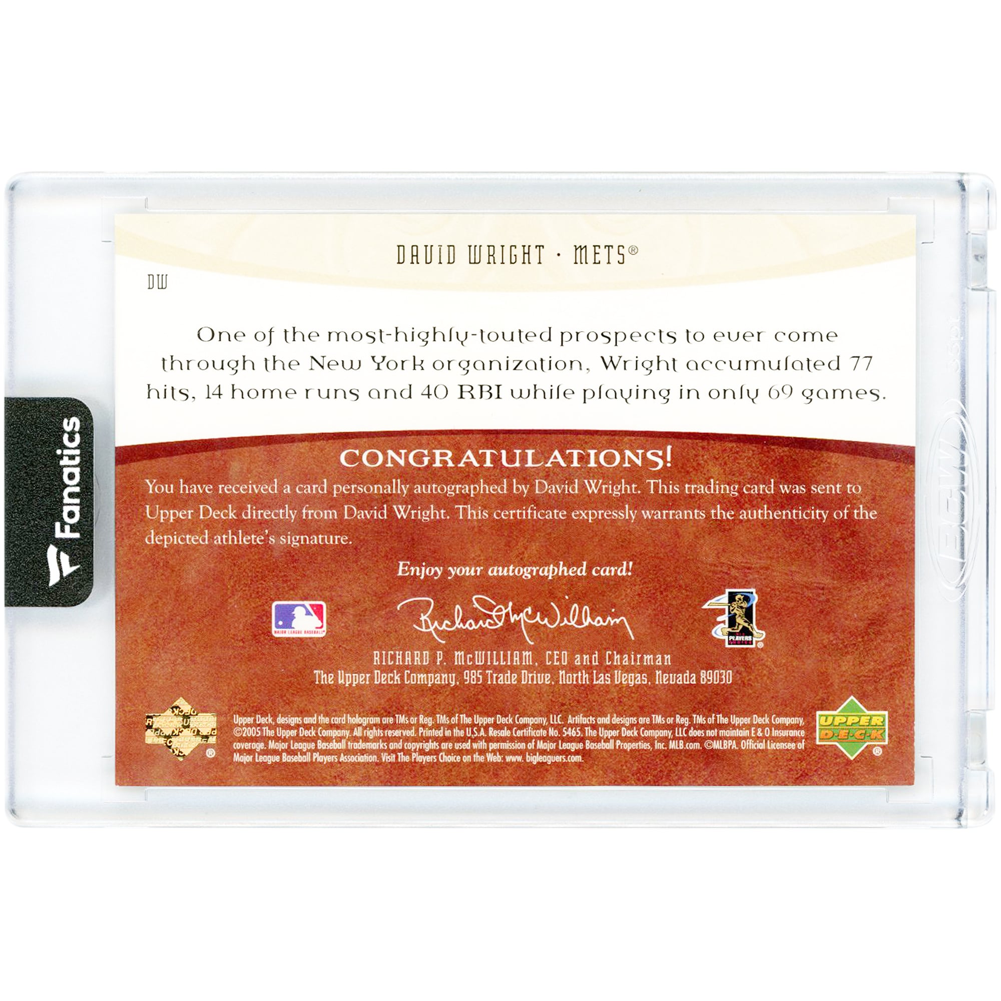 Carte autographiée de David Wright (New York Mets) 2005 Upper Deck Artifacts Auto Facts #DW #63/599