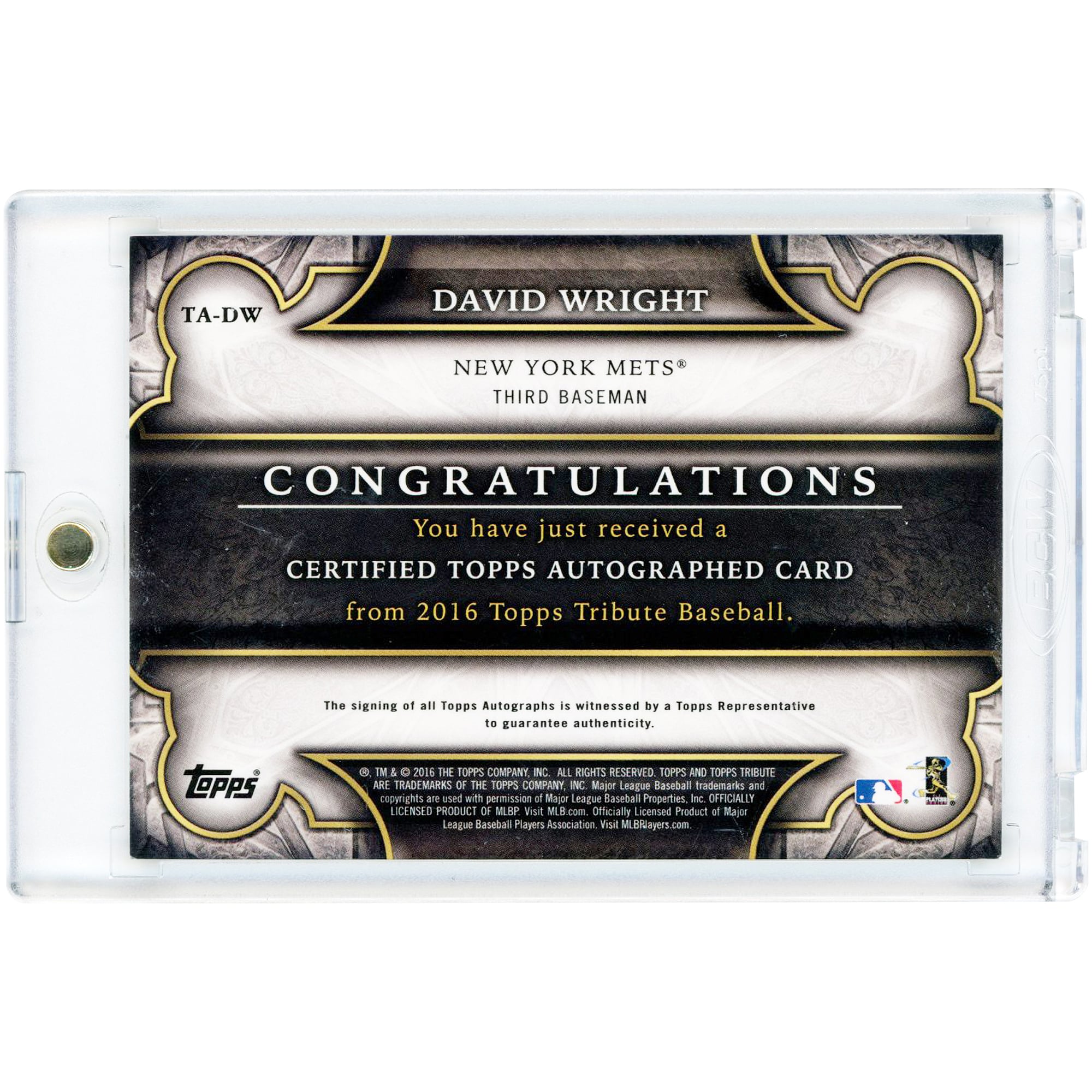 Carte autographiée David Wright des Mets de New York, collection Topps Tribute Orange 2016, numéro TA-DW, numéro 8/25