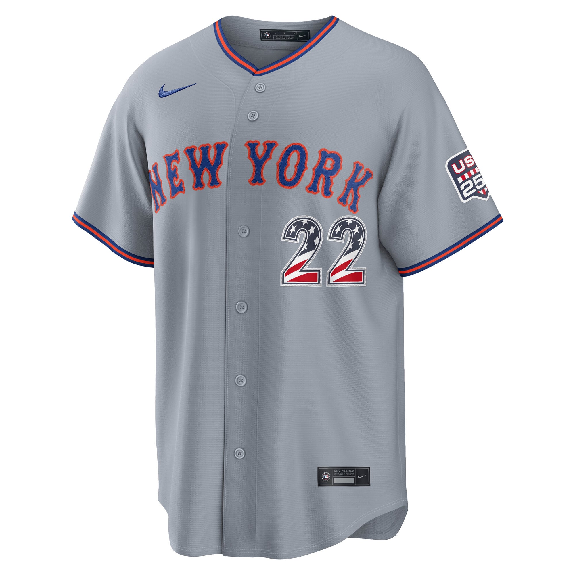 Maillot Nike gris USA 250 Stadium pour homme des Mets de New York, Juan Soto, édition spéciale 4 juillet