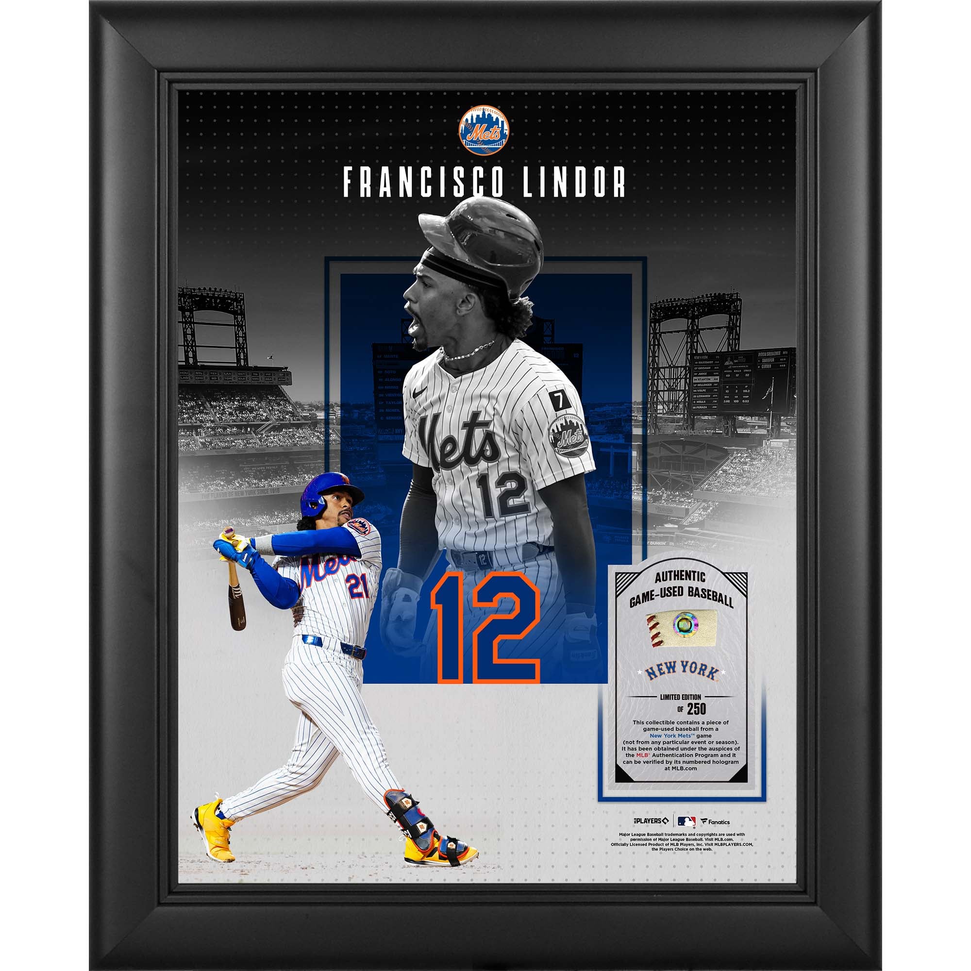 Collage encadré Francisco Lindor New York Mets 11" x 14" avec un morceau de balle utilisée en match - Édition limitée à 250 exemplaires