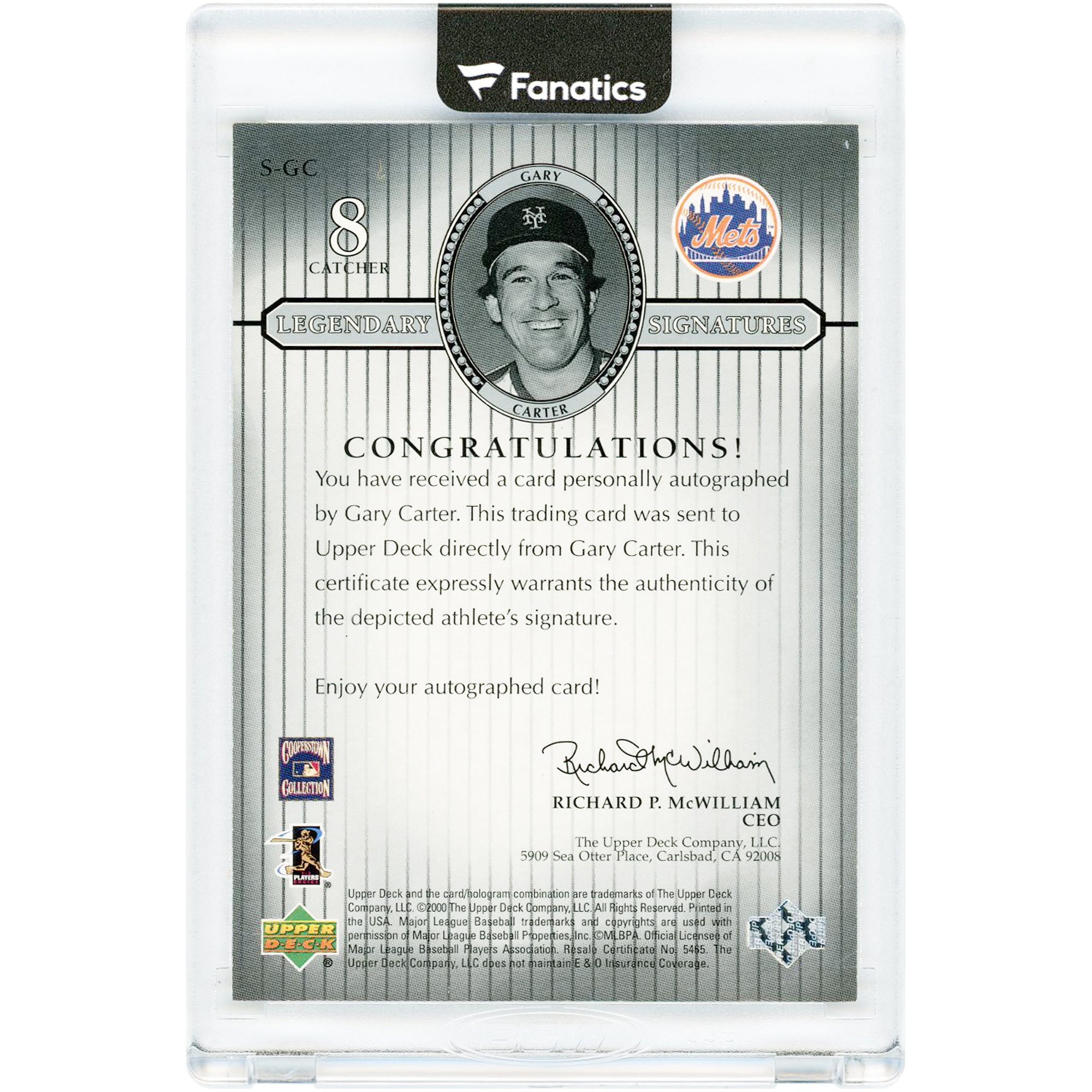 Carte autographiée Gary Carter des Mets de New York, collection Upper Deck Legends Legendary Signatures 2000, numéro S-GC