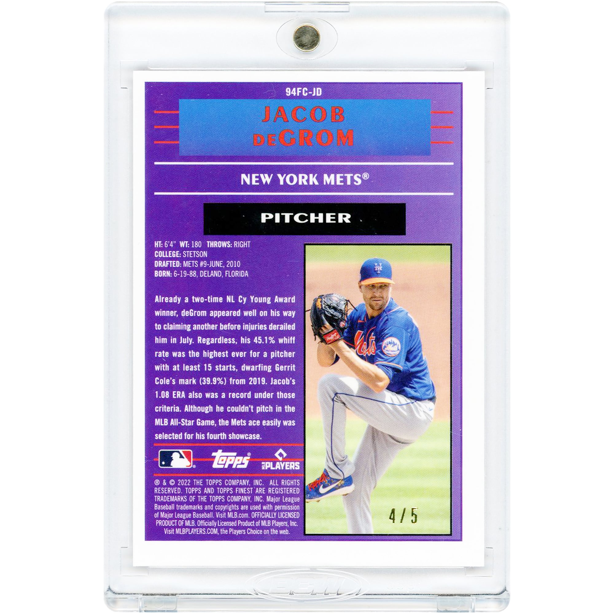 Carte Jacob deGrom New York Mets 2022 Topps Finest Corner Stone Red Refractor #94FC-JD #4/5