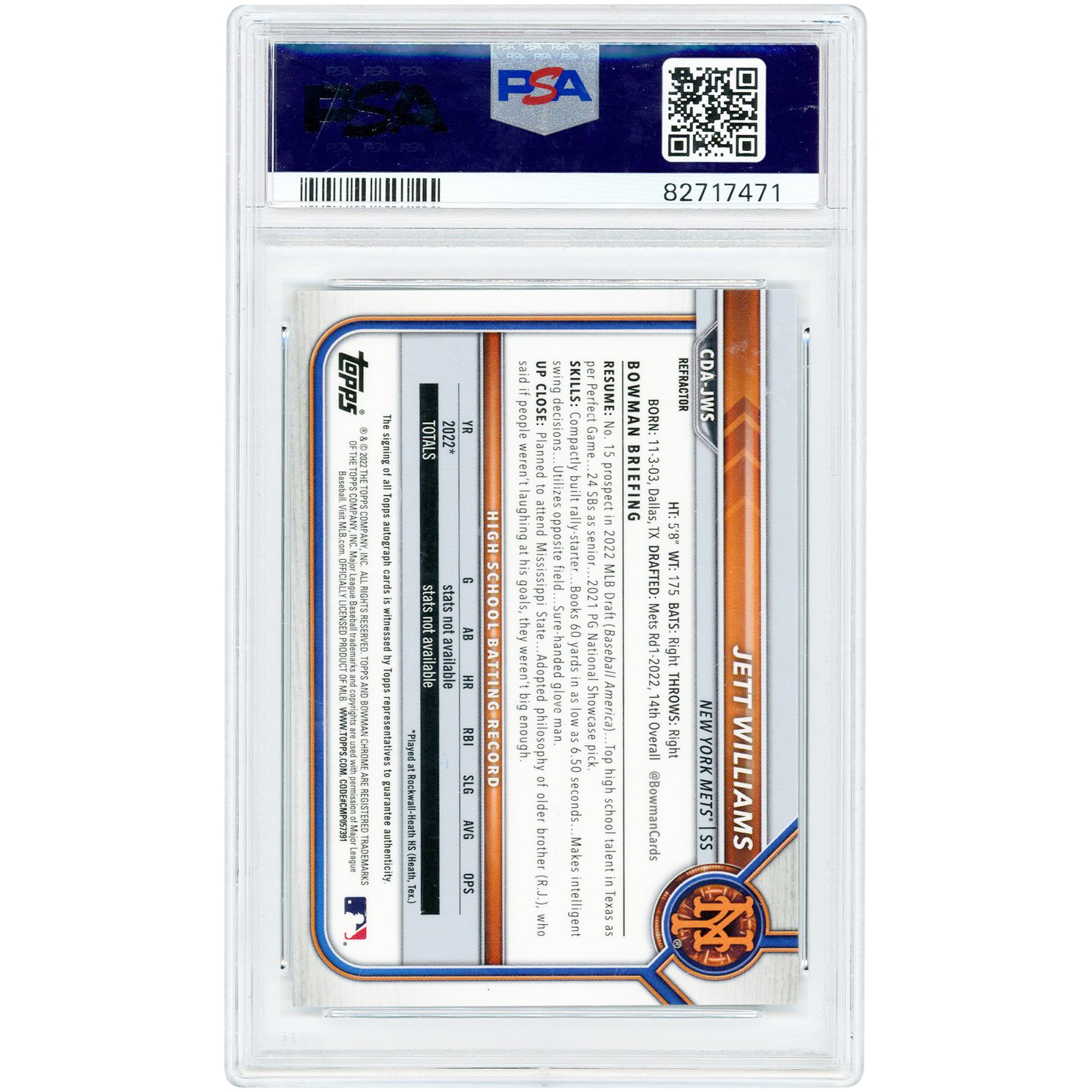 Jett Williams New York Mets Autographed 2022 Bowman Draft Chrome Refractor #CDA-JWS #221/499 PSA Authenticated 10 Card
