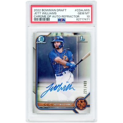 Jett Williams New York Mets Autographed 2022 Bowman Draft Chrome Refractor #CDA-JWS #221/499 PSA Authenticated 10 Card