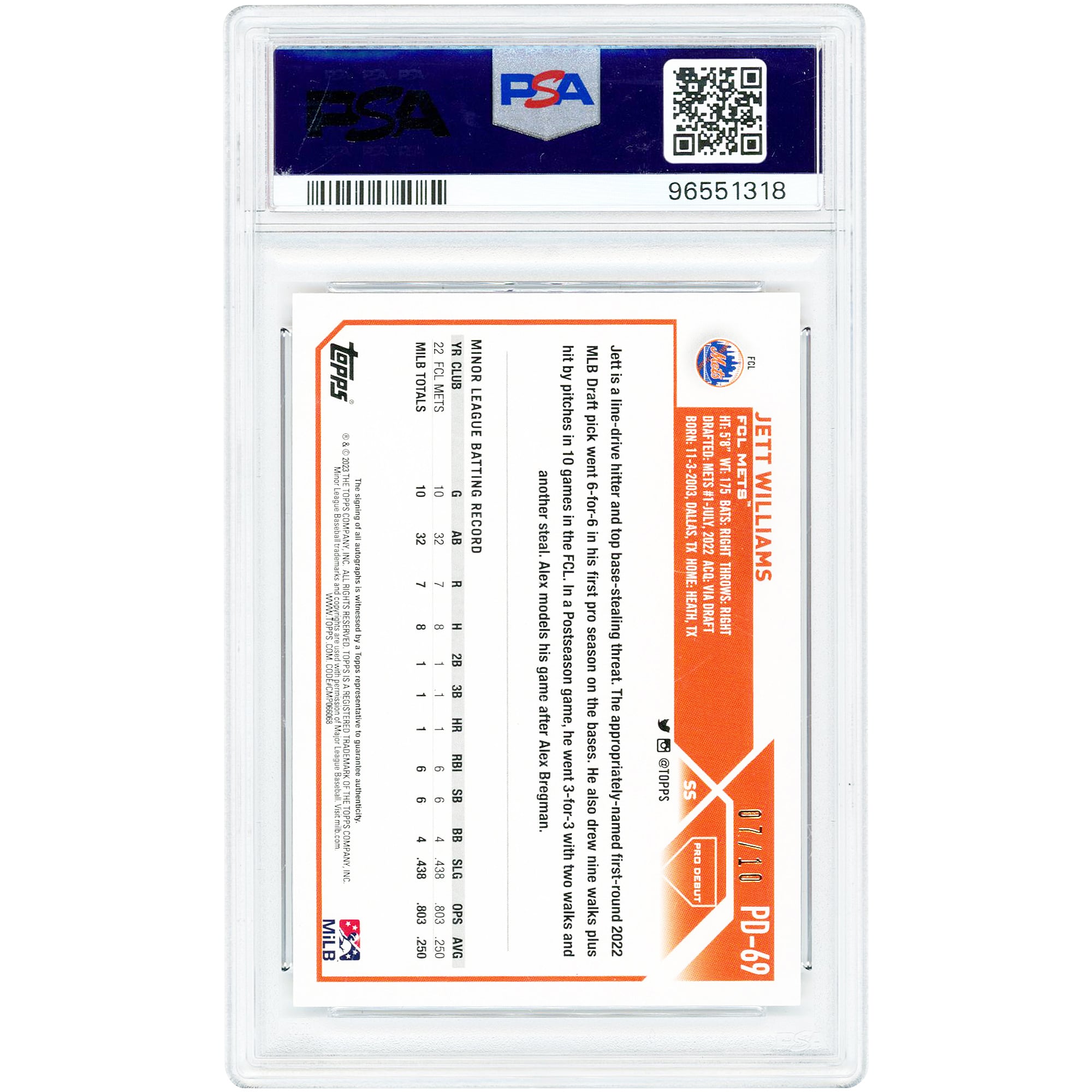 Jett Williams New York Mets Autographed 2023 Topps Pro Debut Red Foil #PD-69 #7/10 PSA Authenticated 10 Card