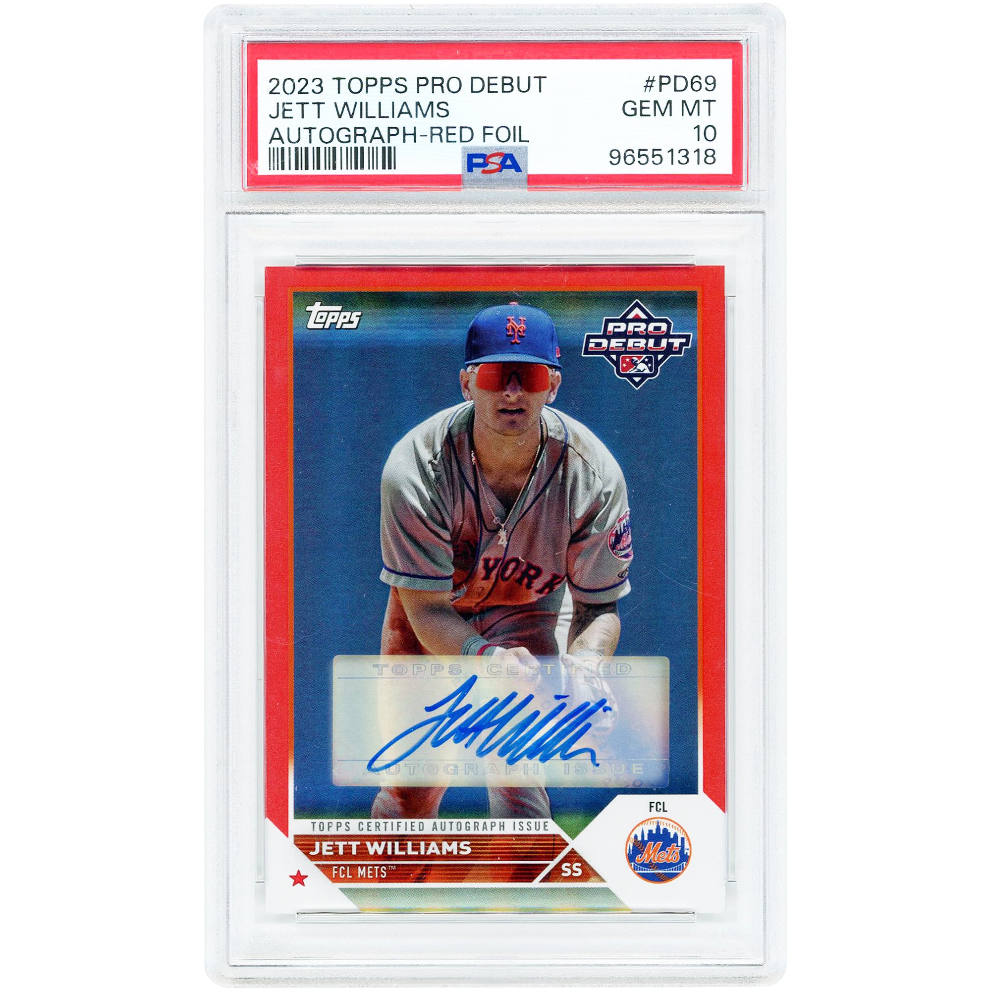 Jett Williams New York Mets Autographed 2023 Topps Pro Debut Red Foil #PD-69 #7/10 PSA Authenticated 10 Card