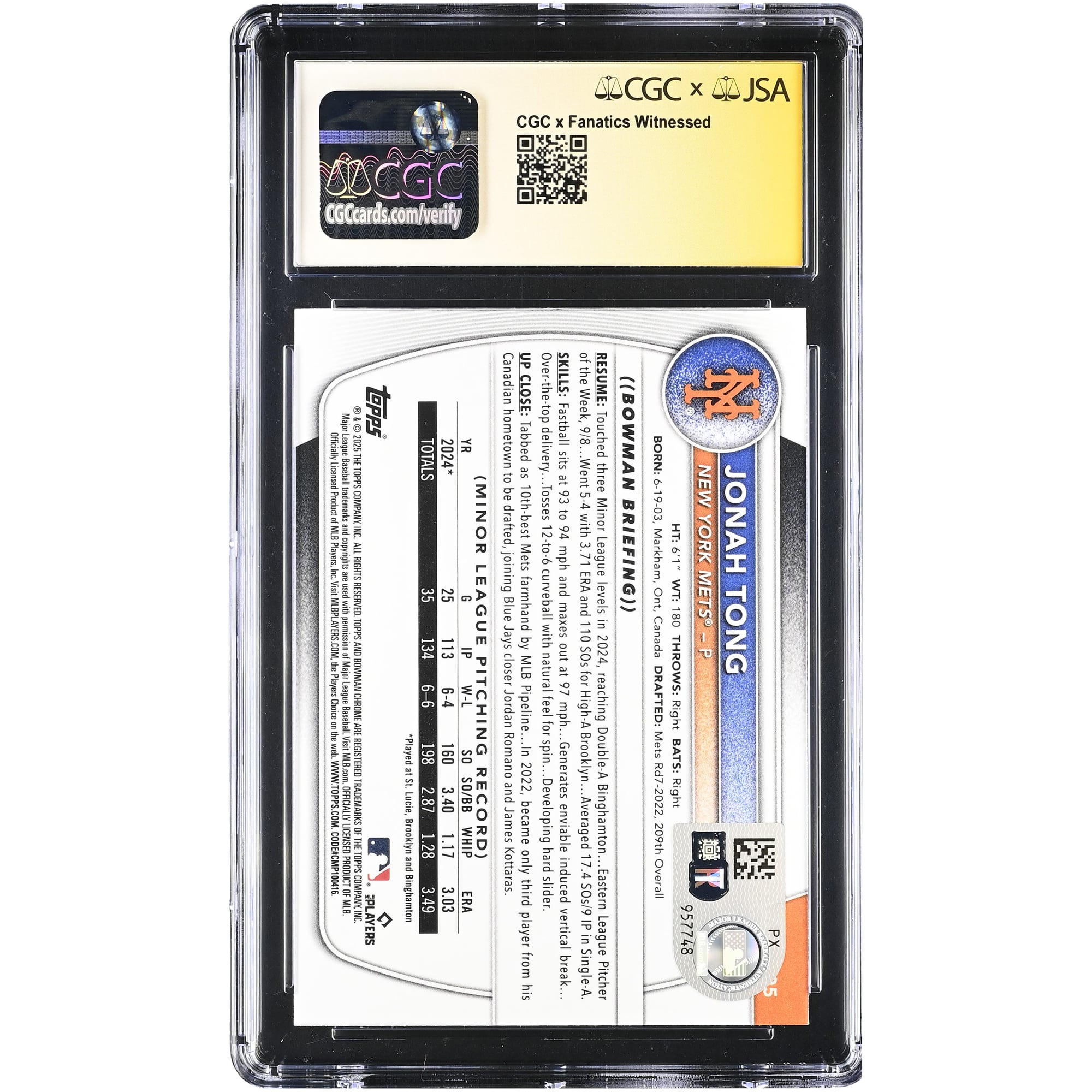 Carte autographiée par Jonah Tong (New York Mets) de la collection Bowman Chrome Prospects 2025 (#BCP-105