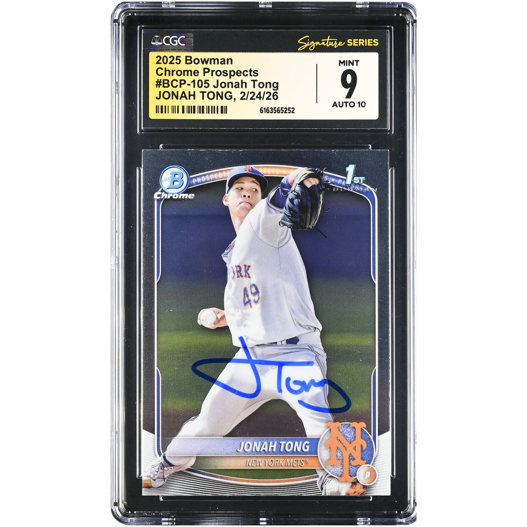 Carte autographiée par Jonah Tong (New York Mets) de la collection Bowman Chrome Prospects 2025 (#BCP-105