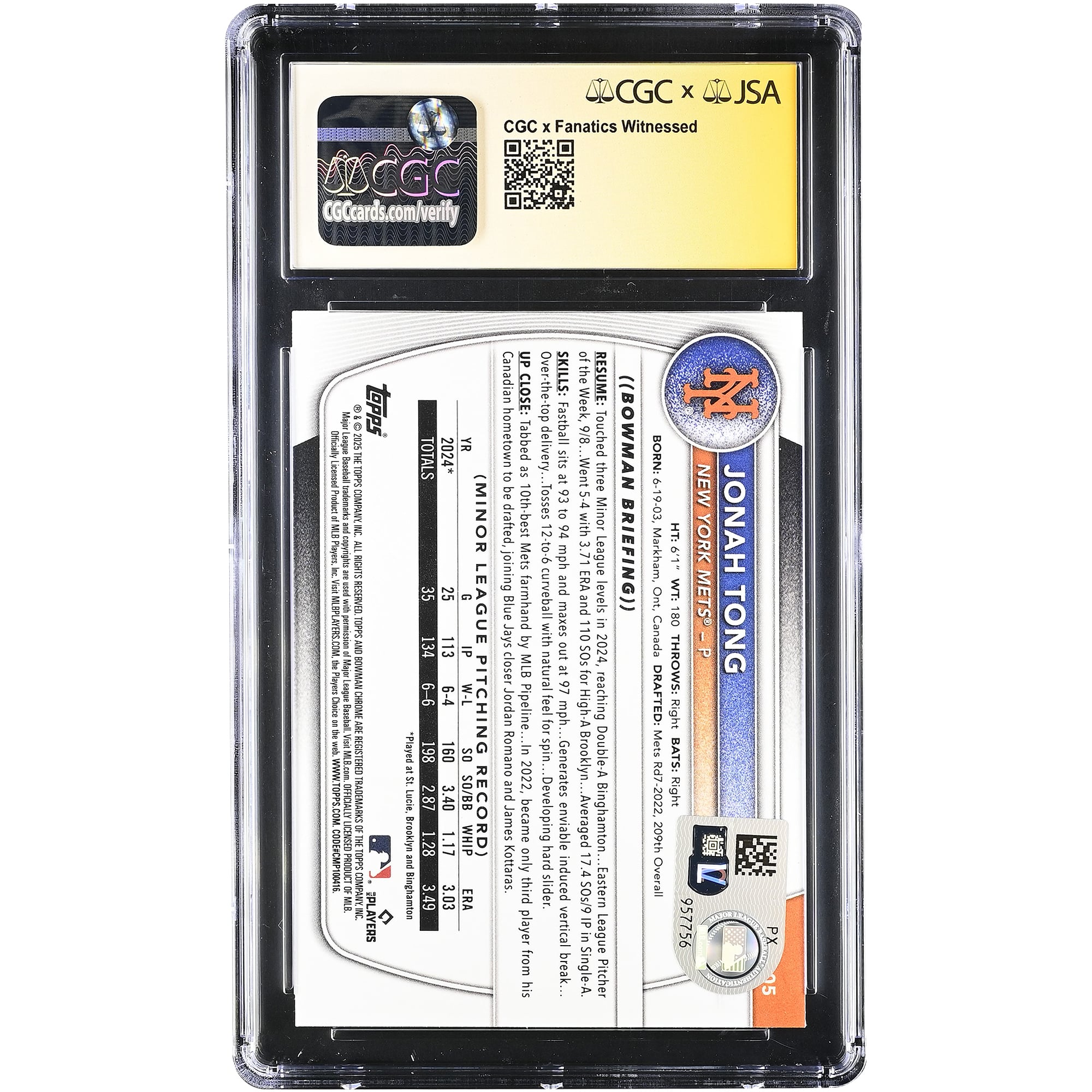 Jonah Tong New York Mets Autographed 2025 Bowman Chrome Prospects #BCP-105 CGC Authenticated / Card
