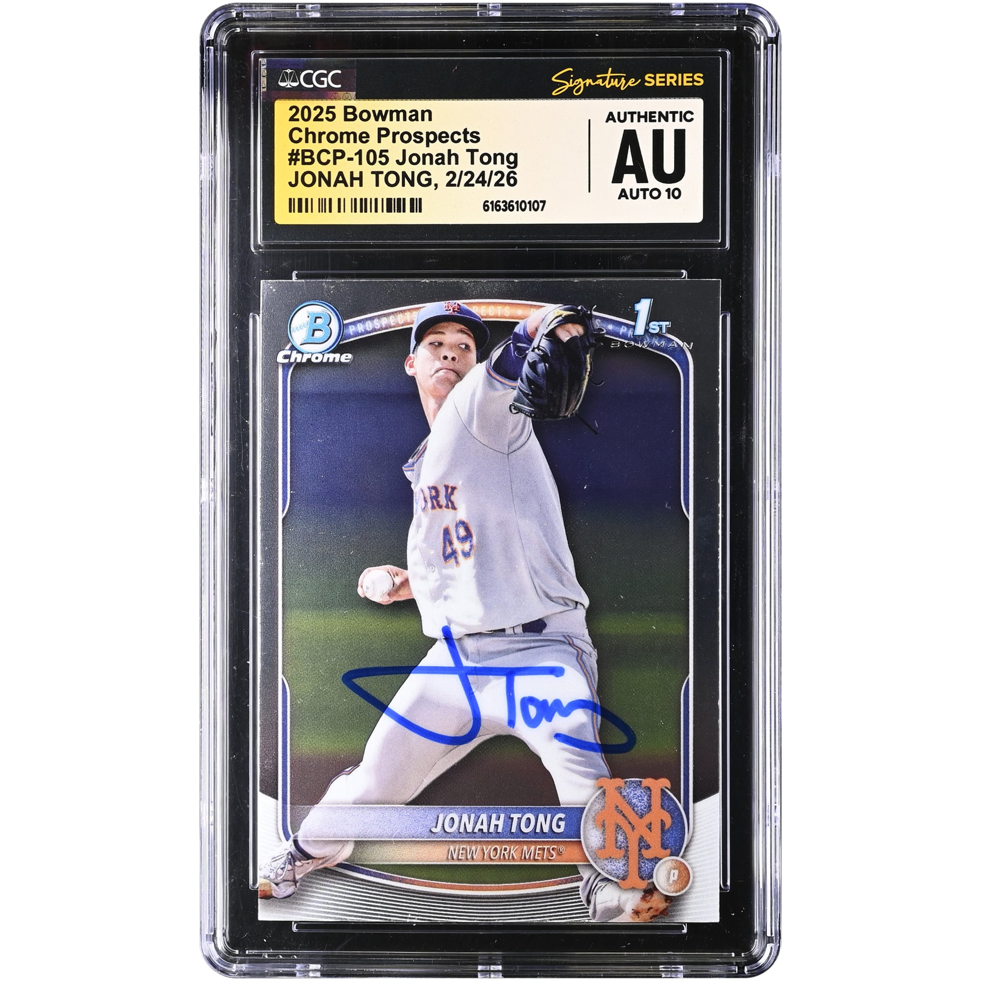 Jonah Tong New York Mets Autographed 2025 Bowman Chrome Prospects #BCP-105 CGC Authenticated Auto 10 Card