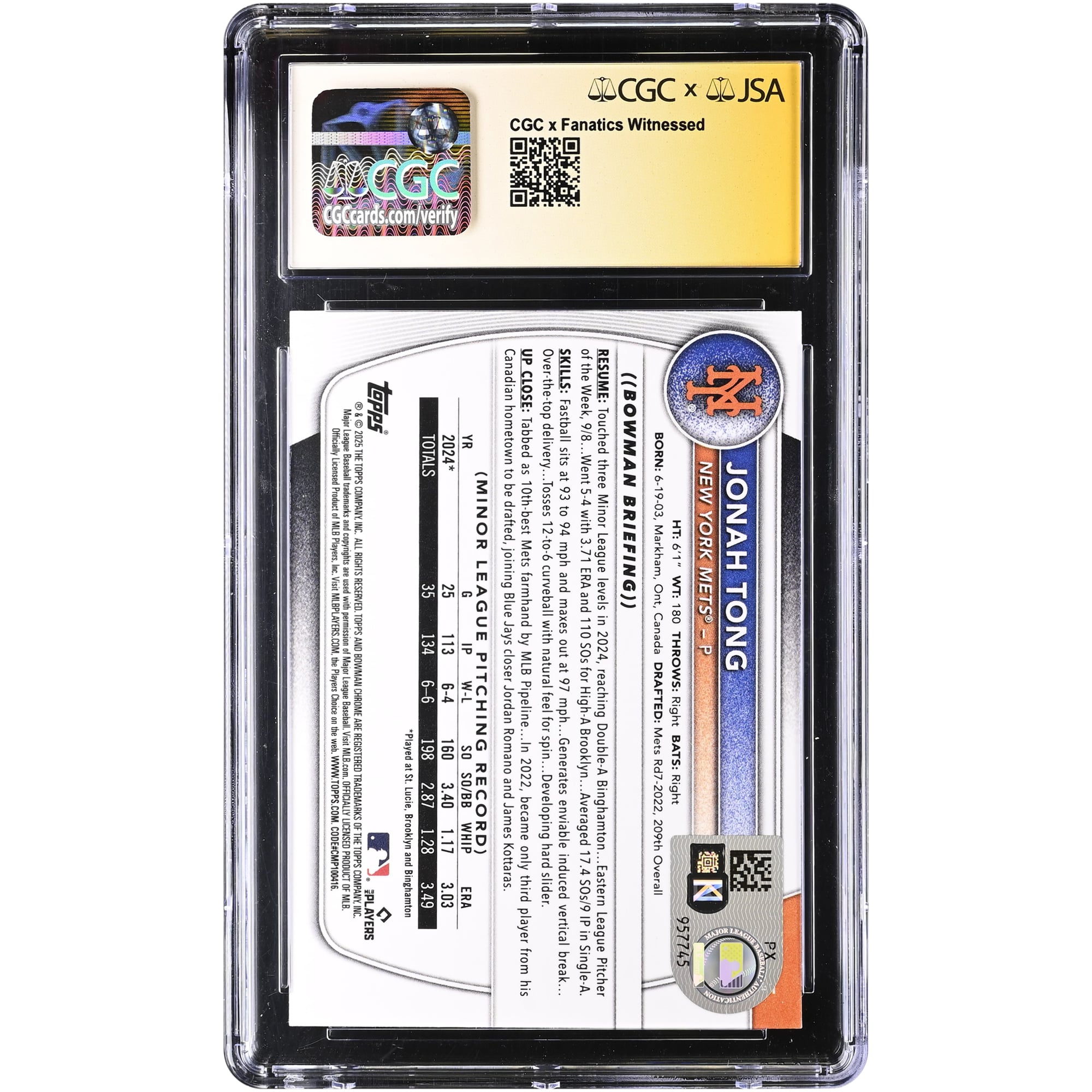 Jonah Tong New York Mets Autographed 2025 Bowman Chrome Prospects #BCP-105 CGC Authenticated Auto 10 Card