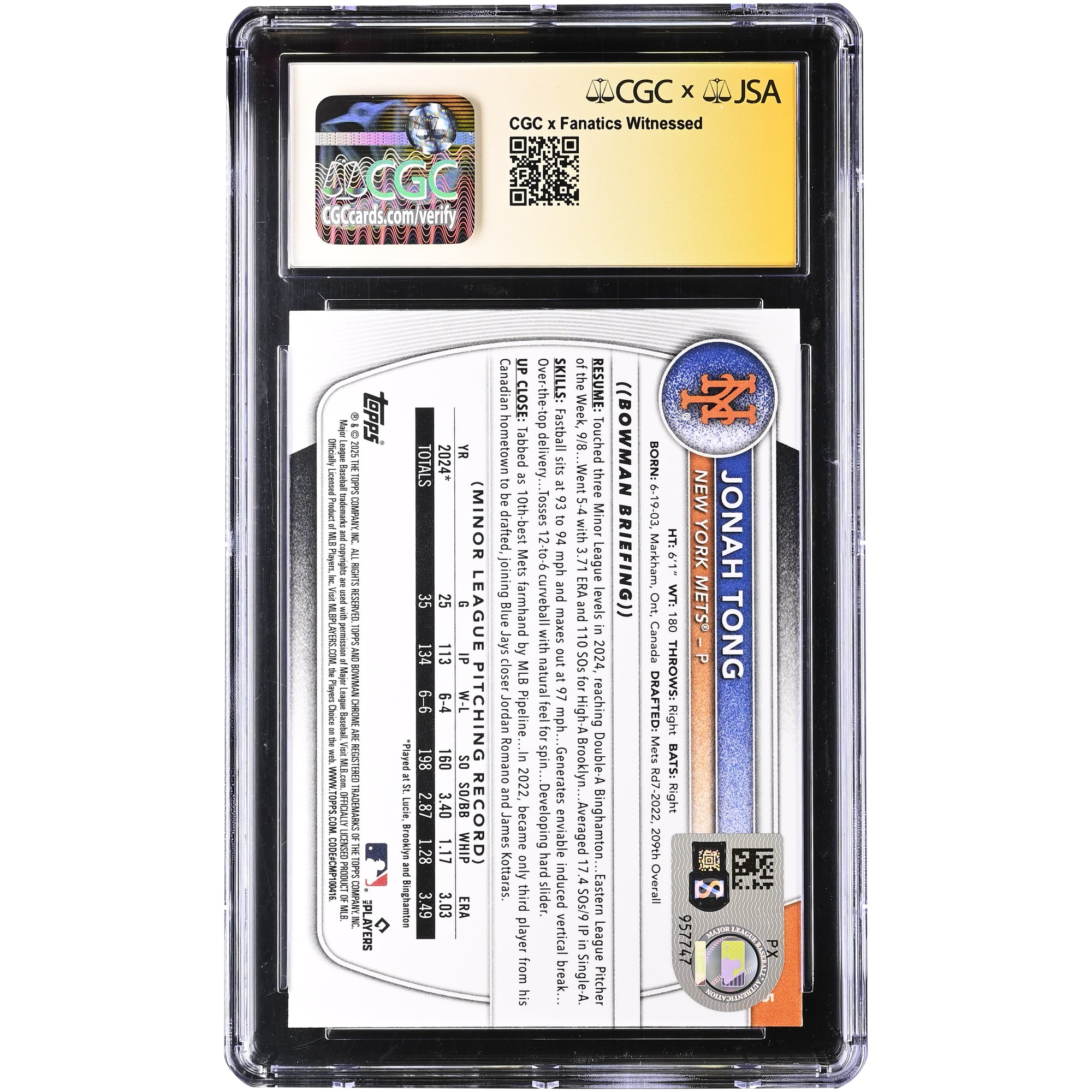 Carte authentifiée CGC #BCP-105 de Jonah Tong, joueur des Mets de New York, signée par Bowman Chrome Prospects (édition 2025).