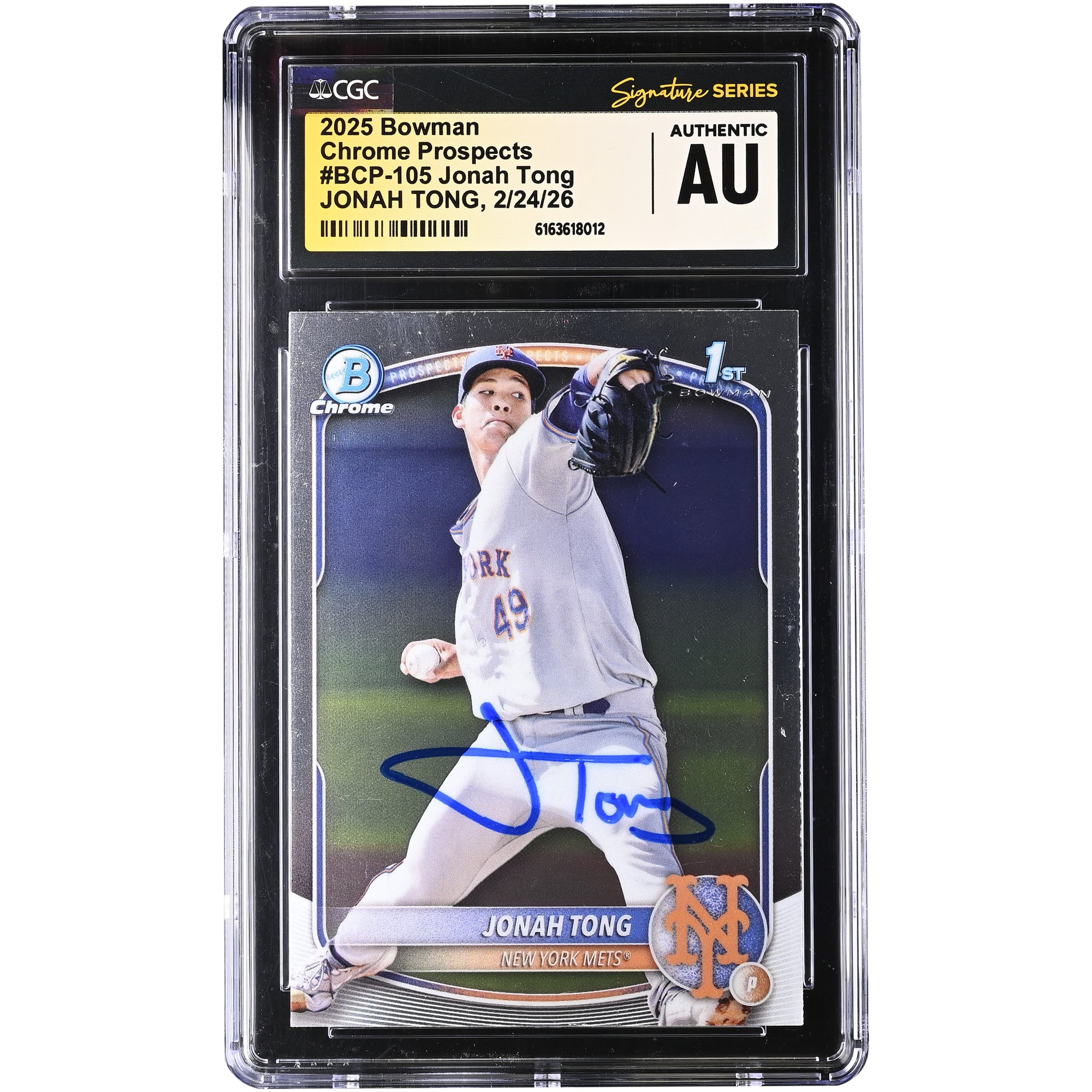 Carte authentifiée CGC #BCP-105 de Jonah Tong, joueur des Mets de New York, signée par Bowman Chrome Prospects (édition 2025).