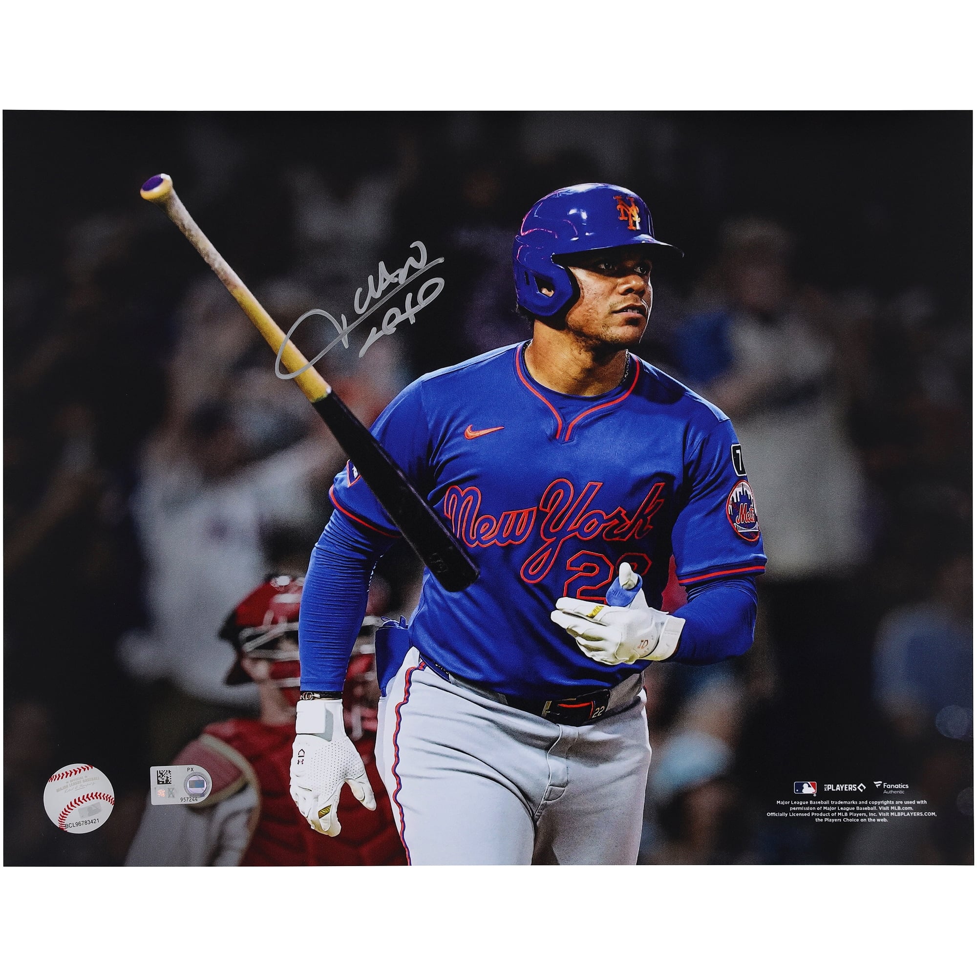 Photo dédicacée de Juan Soto (New York Mets) - 11 x 14 pouces) - Coup de circuit avec batte