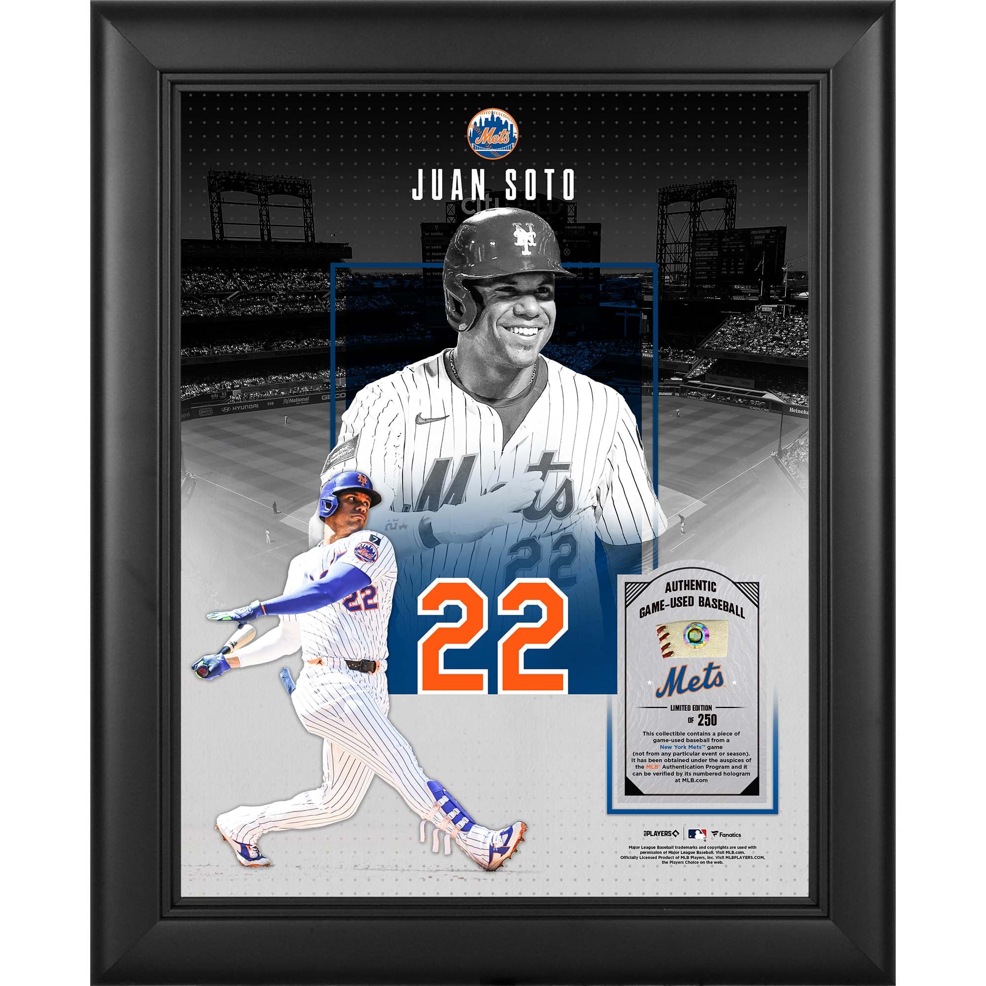 Collage encadré 11" x 14" de Juan Soto, New York Mets, avec un morceau de balle utilisée en match - Édition limitée à 250 exemplaires