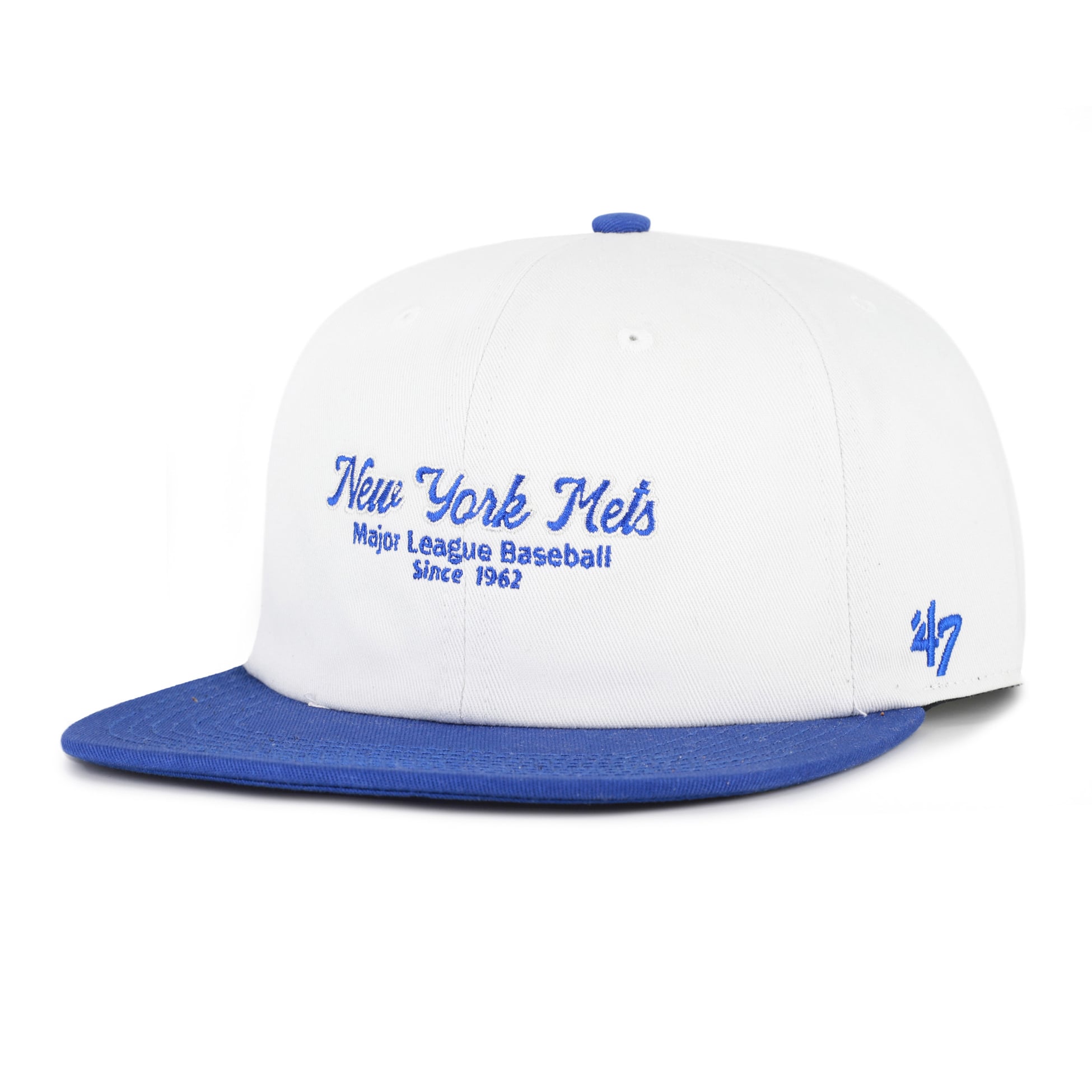 Men's '47 White/Royal New York Mets Script Stack Relaxed Captain Snapback