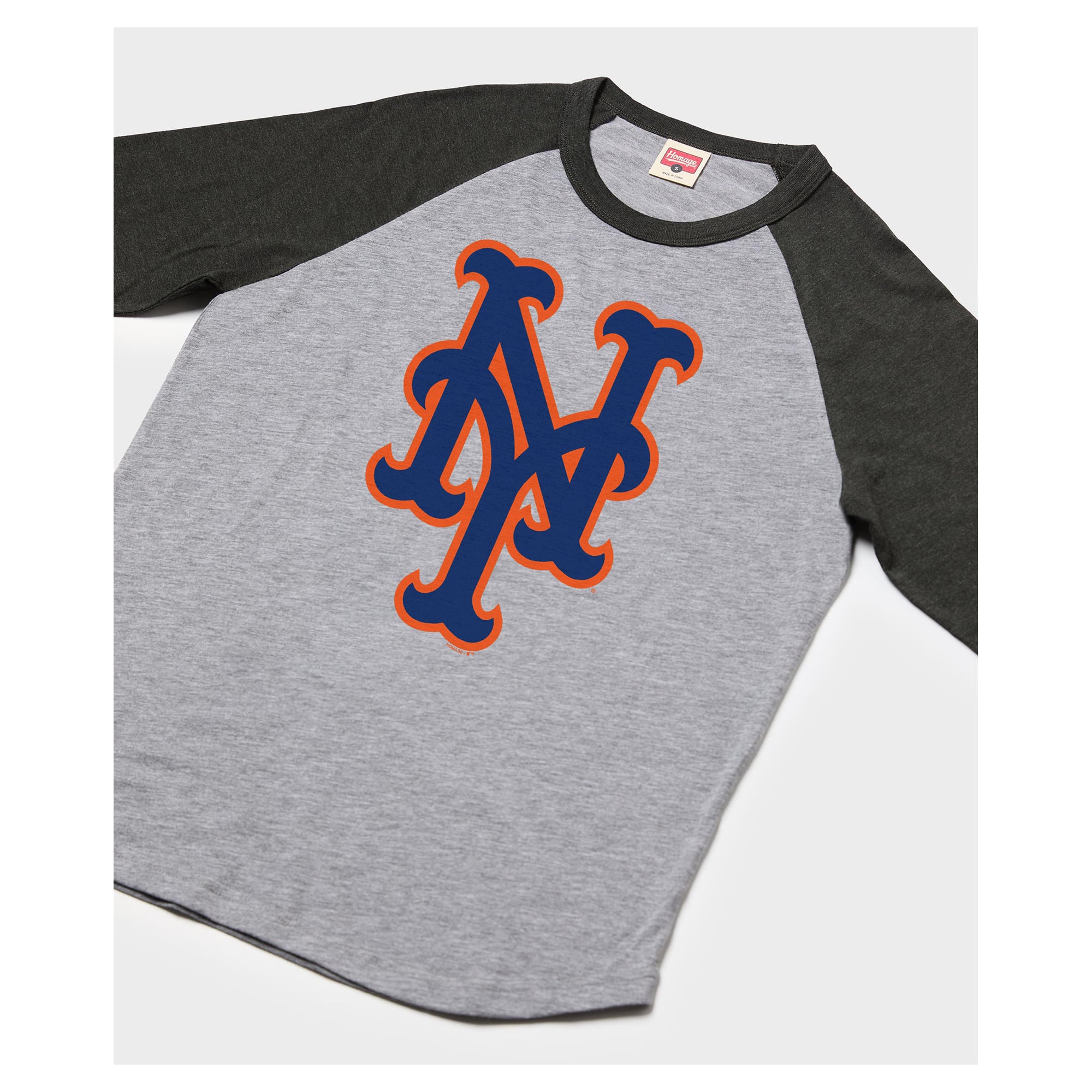 T-shirt à manches 3/4 raglan en mélange de trois matières, gris, pour homme, hommage aux Mets New York