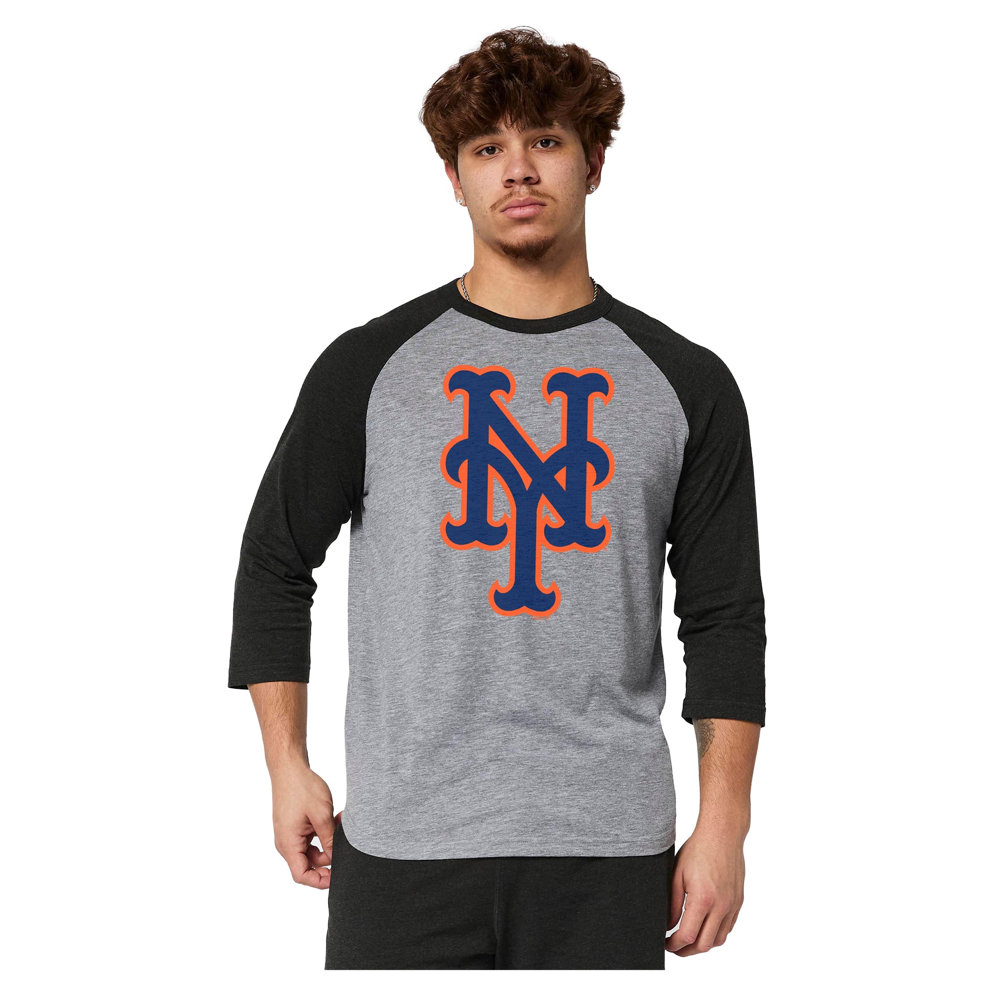 T-shirt à manches 3/4 raglan en mélange de trois matières, gris, pour homme, hommage aux Mets New York