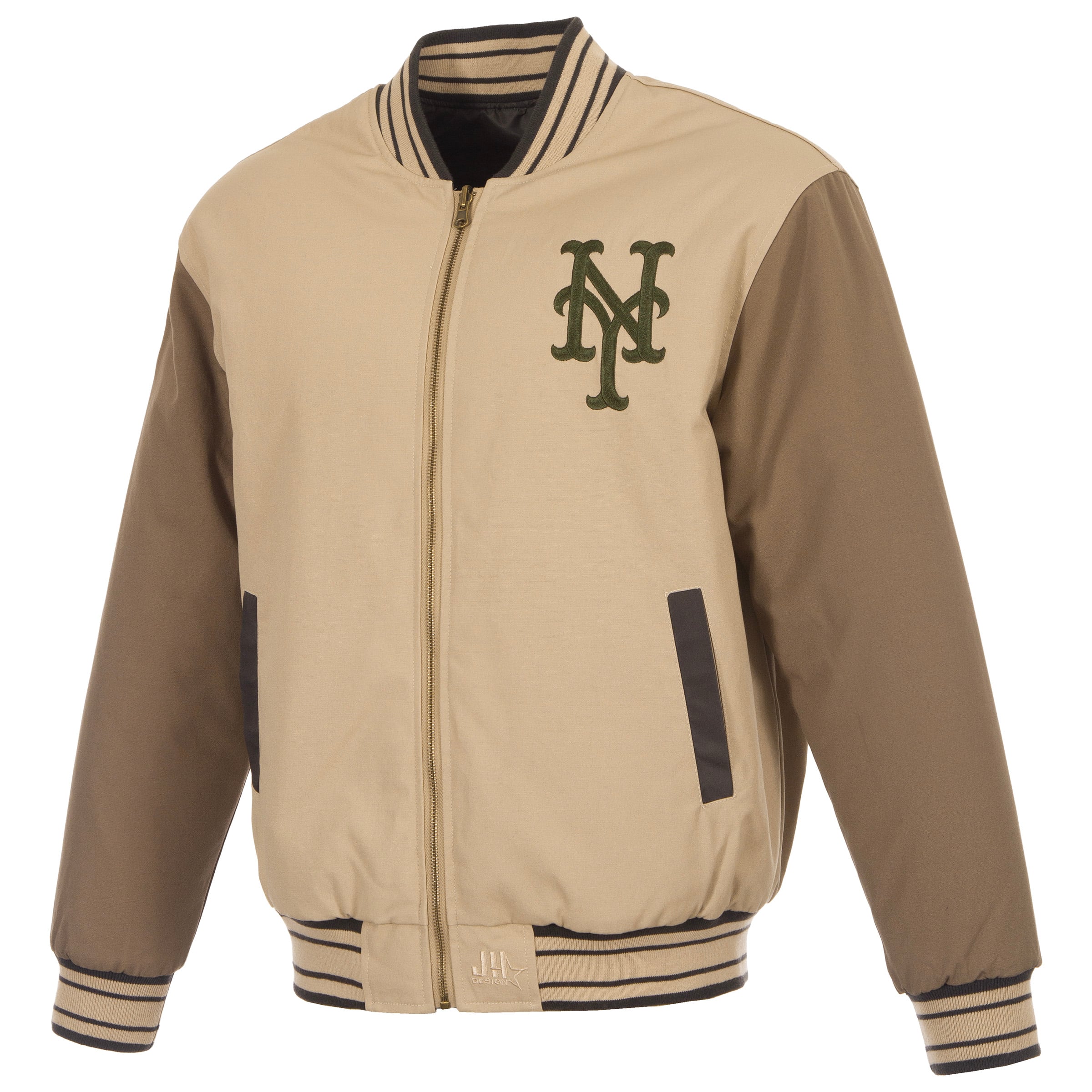 Veste réversible en toile beige/marron pour homme JH Design New York Mets, fermeture éclair intégrale
