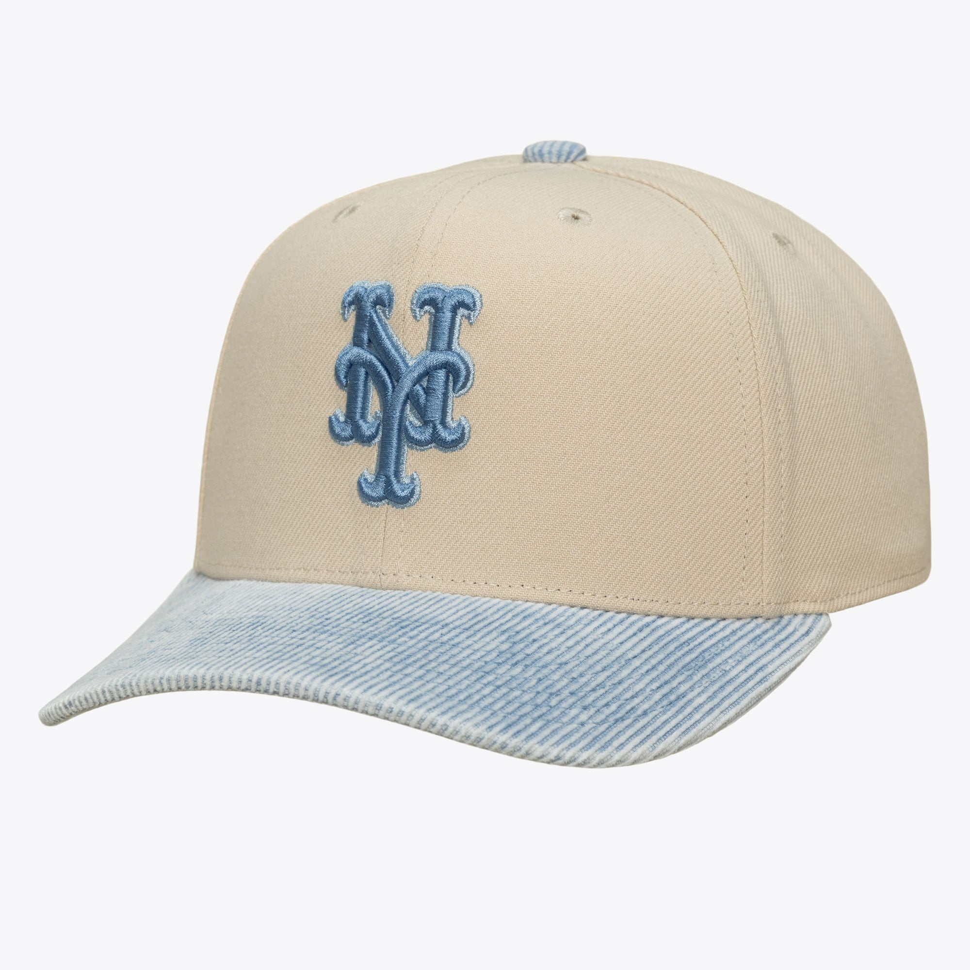 Casquette Mitchell & Ness Pro Crown Snapback crème/bleu clair pour homme, New York Mets, en velours côtelé lavé.