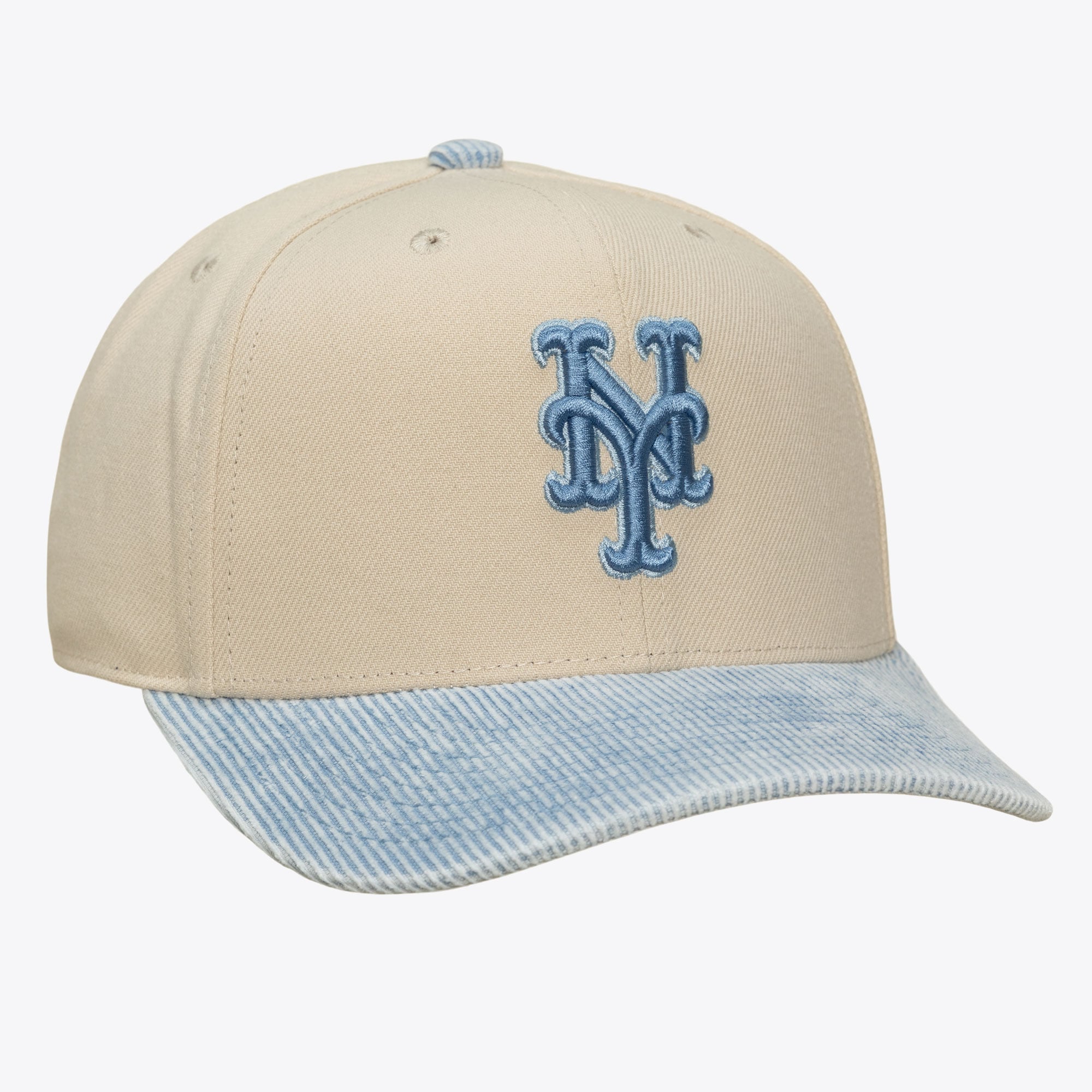 Casquette Mitchell & Ness Pro Crown Snapback crème/bleu clair pour homme, New York Mets, en velours côtelé lavé.