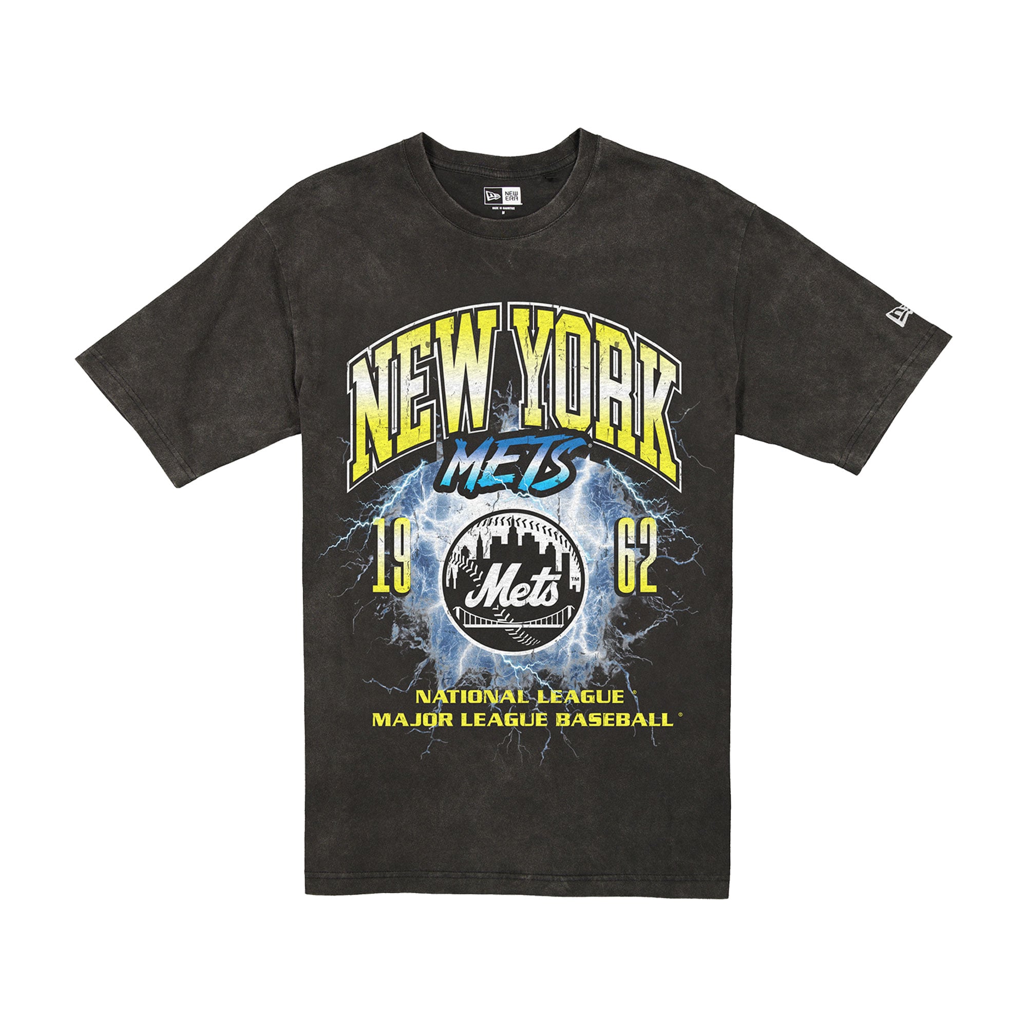T-shirt New Era noir pour homme, motif éclair des Mets de York, délavage minéral