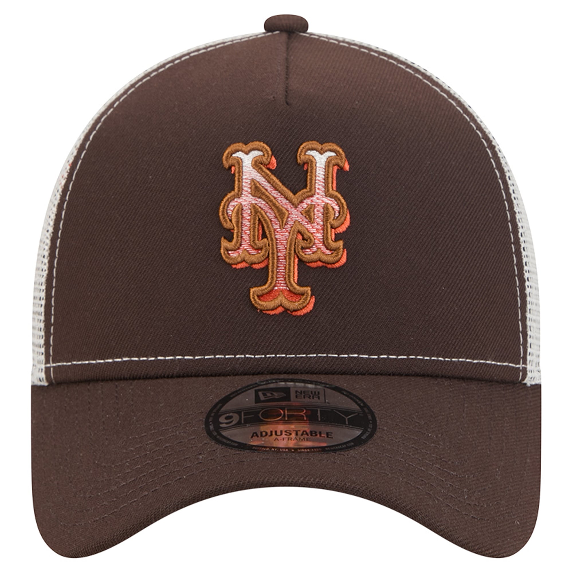 Men's New Era Brown New York Mets Pumpkin Spice A-Frame 9FORTY Adjustable Trucker Hat