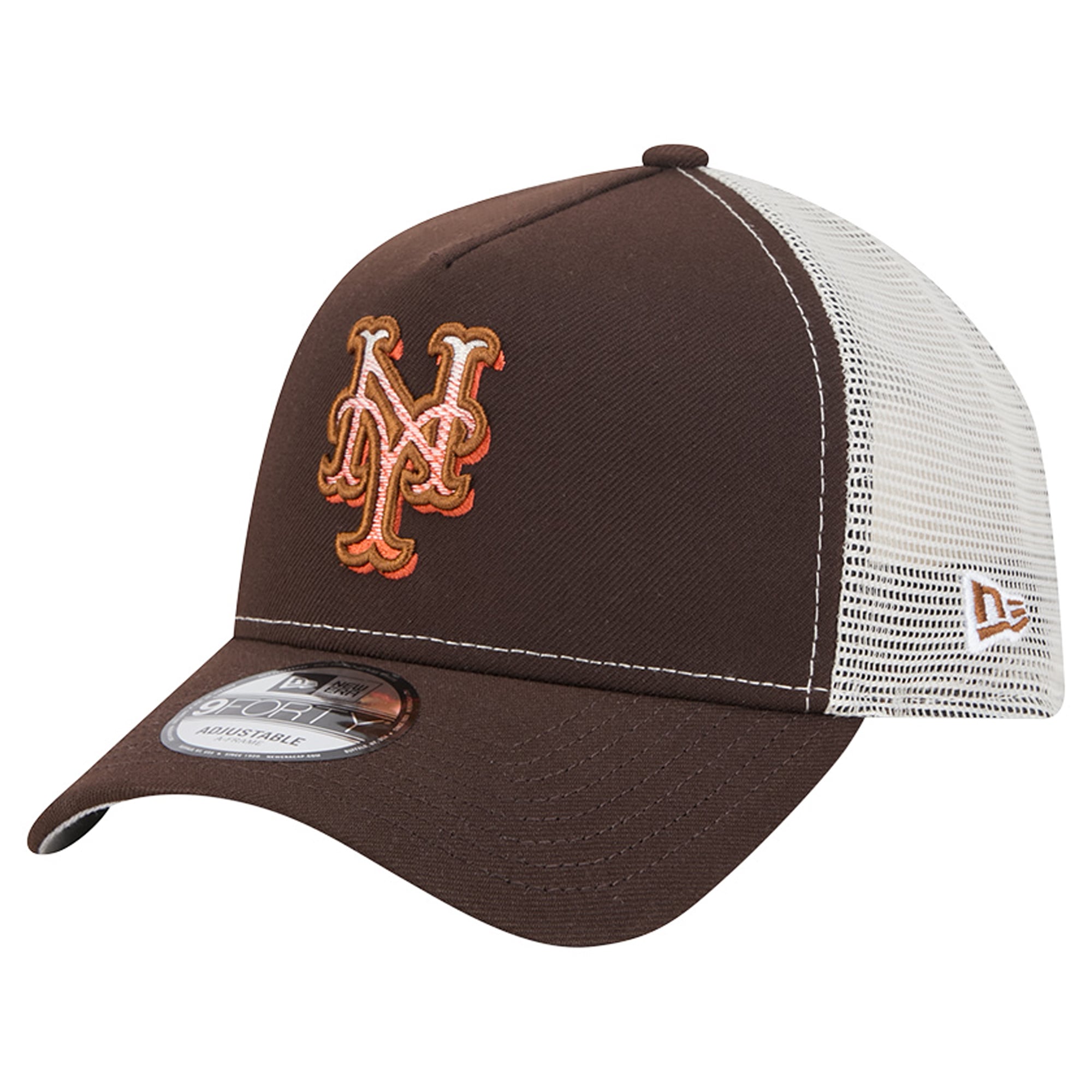 Men's New Era Brown New York Mets Pumpkin Spice A-Frame 9FORTY Adjustable Trucker Hat