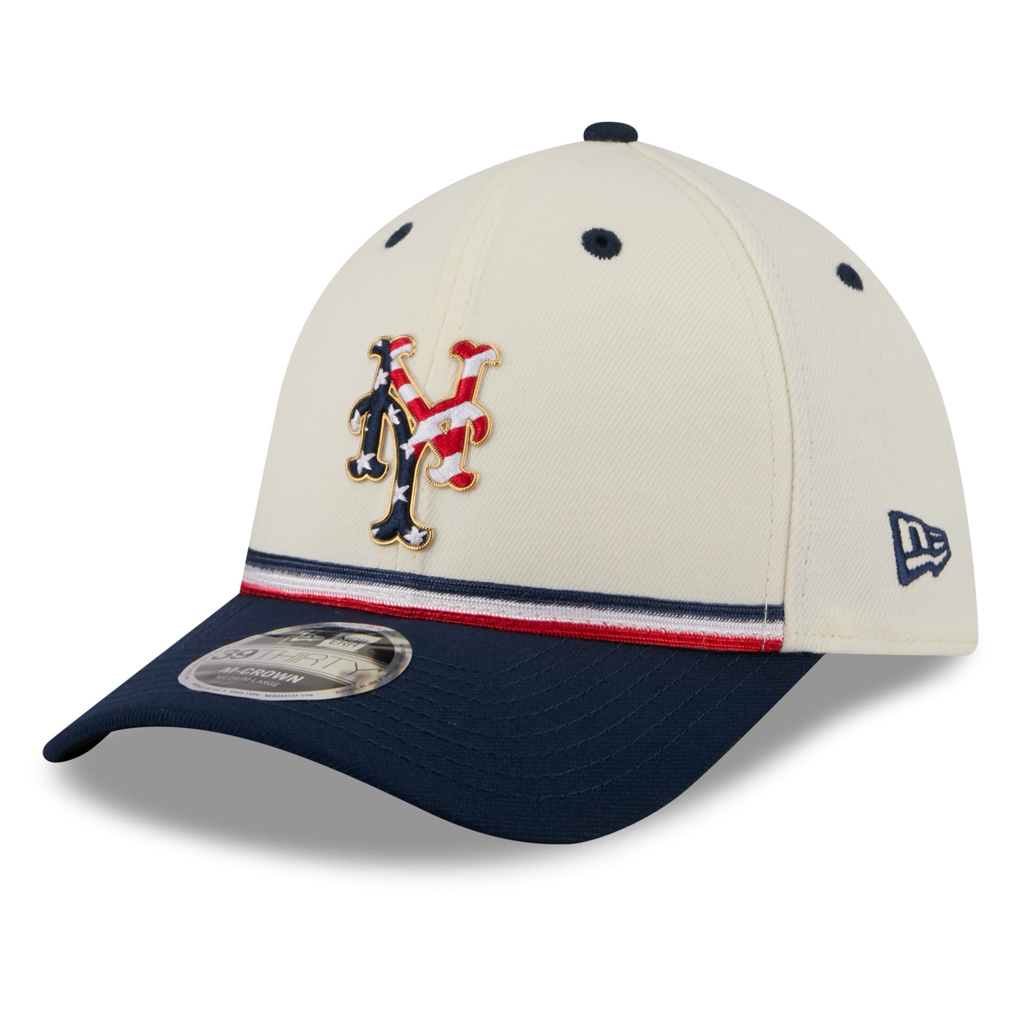 Men's New Era Cream/Navy York Mets USA 250 Fourth of July 39THIRTY M-Crown Flex Hat