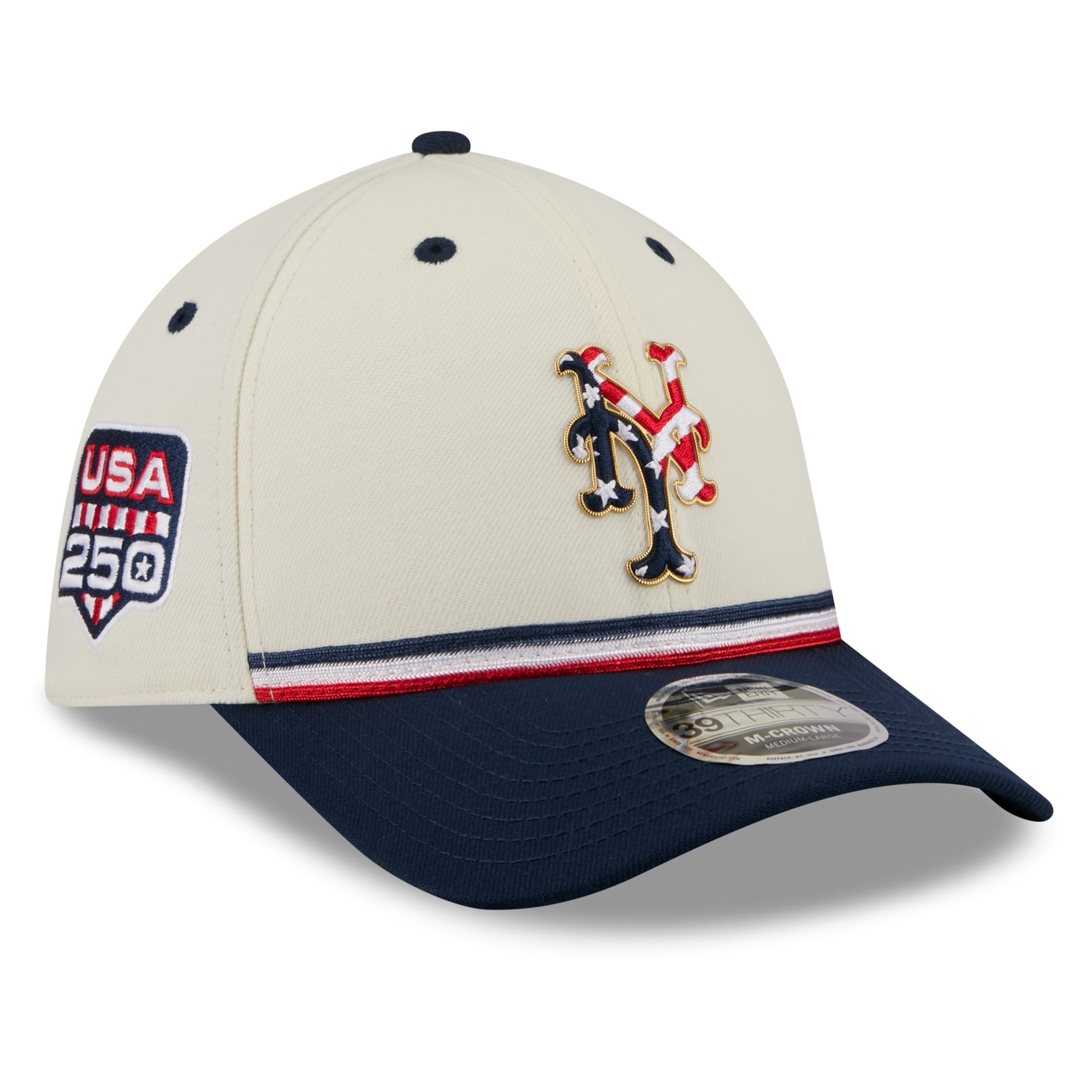 Men's New Era Cream/Navy York Mets USA 250 Fourth of July 39THIRTY M-Crown Flex Hat