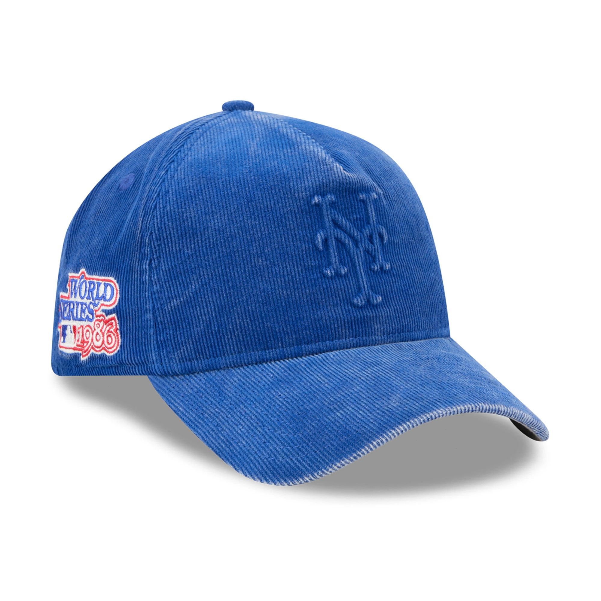 Casquette New Era Royal New York Mets 1986 World Series pour homme, en velours côtelé ton sur ton, modèle 9FORTY à monture A ajustable, avec écusson latéral.