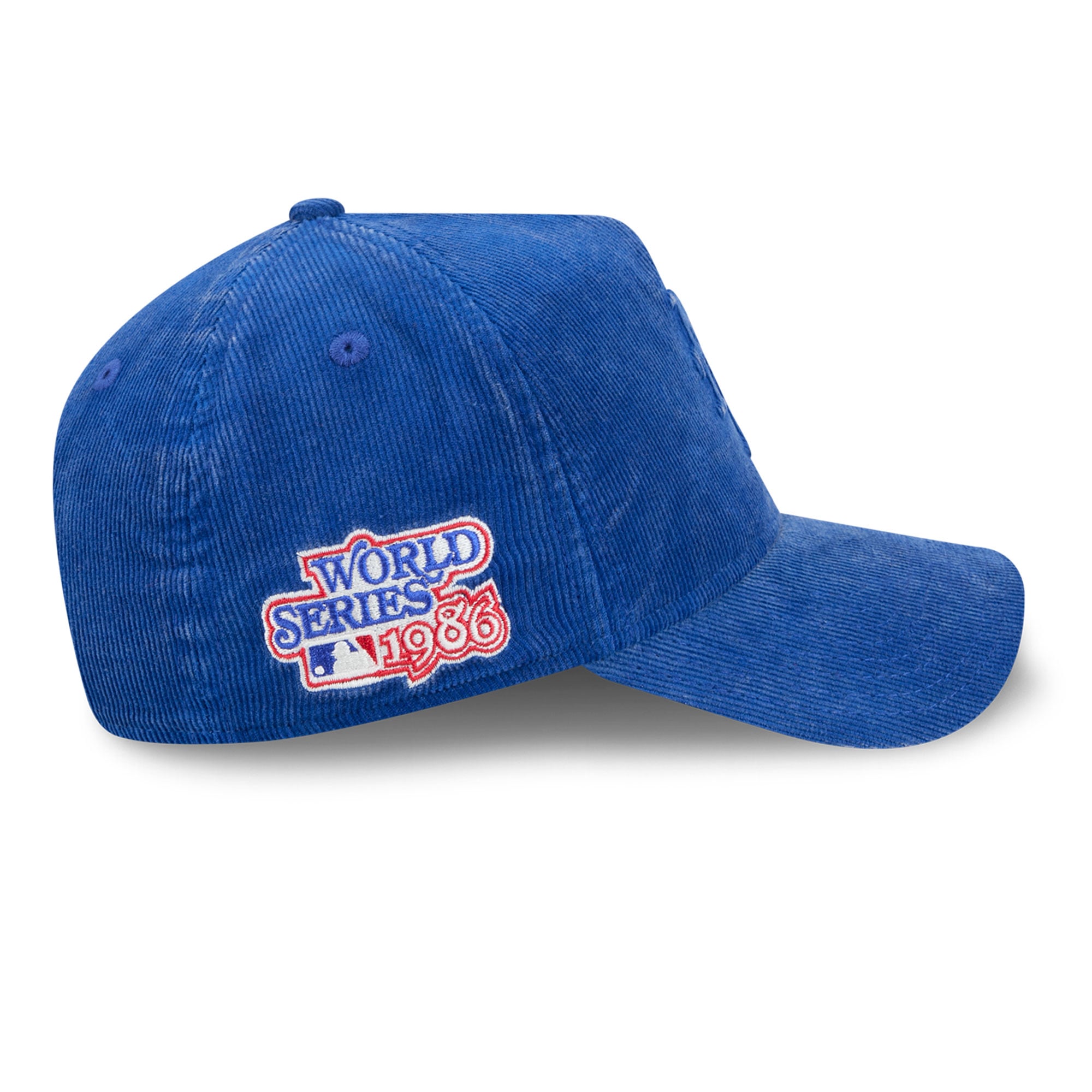 Casquette New Era Royal New York Mets 1986 World Series pour homme, en velours côtelé ton sur ton, modèle 9FORTY à monture A ajustable, avec écusson latéral.