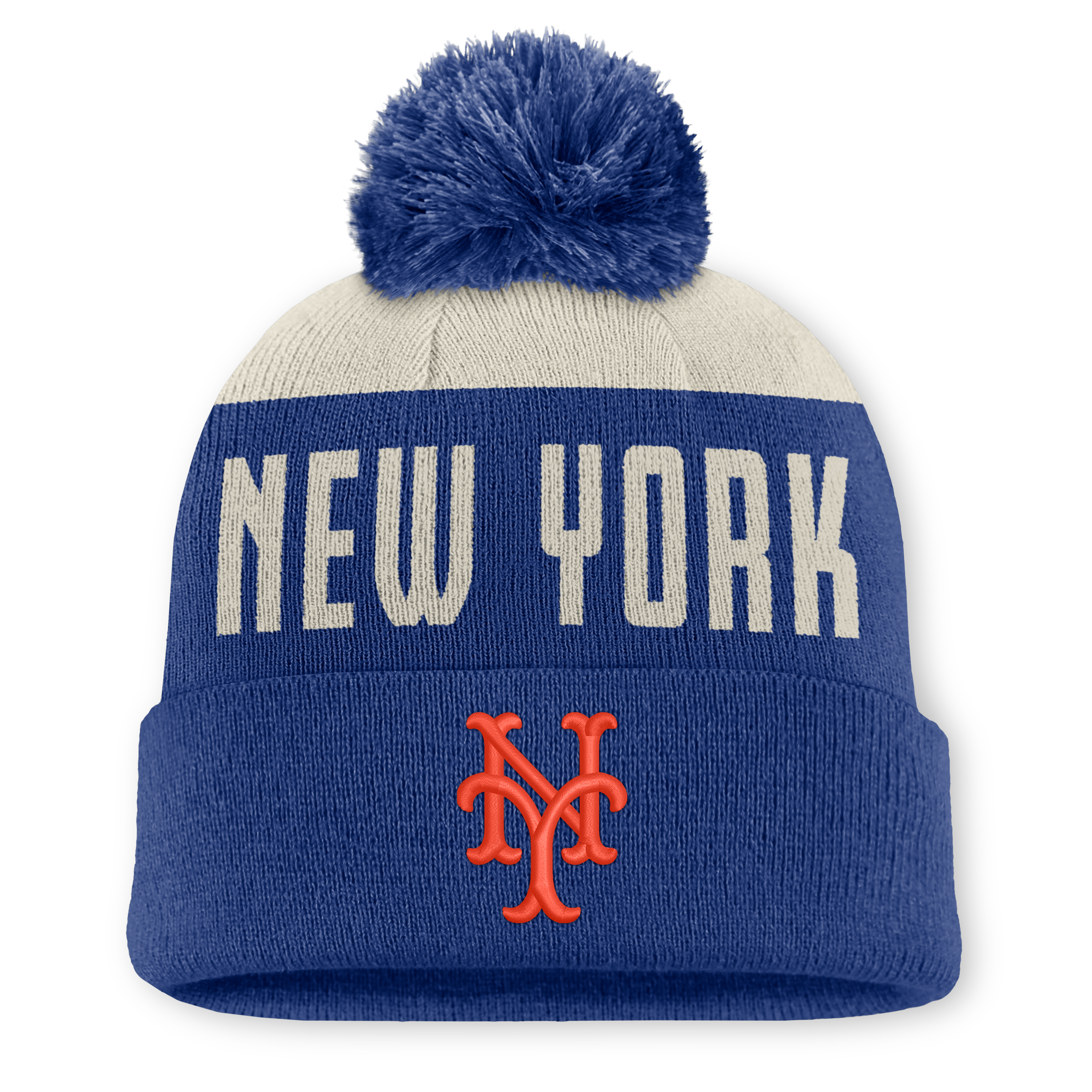 Bonnet à revers Nike Peak Standard pour homme, coloris naturel/bleu roi, New York Mets, avec pompon