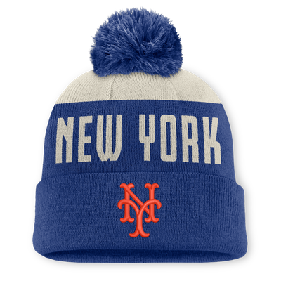 New York Mets Nike Peak Standard Cuffed Knit Hat with Pom - Natural/Royal